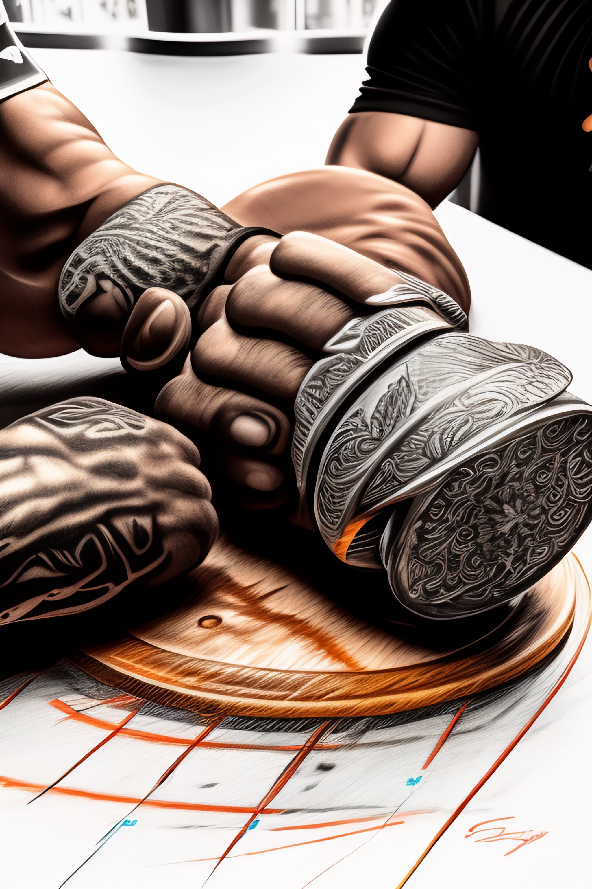 Lexica Big shredded arm armwrestling on a table holding handles with