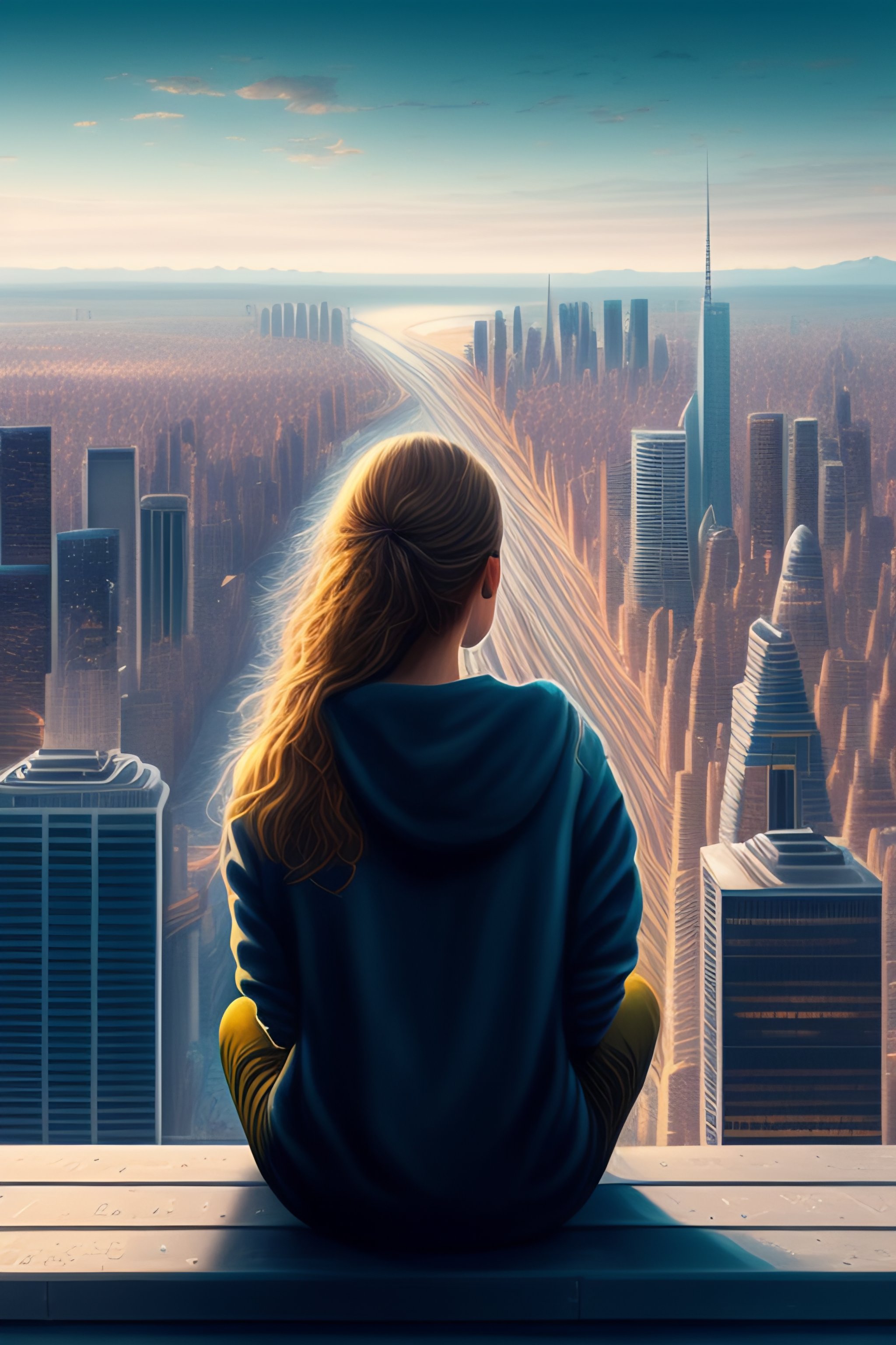 Lexica - “ girl sitting on a roof looking down at a city below ...