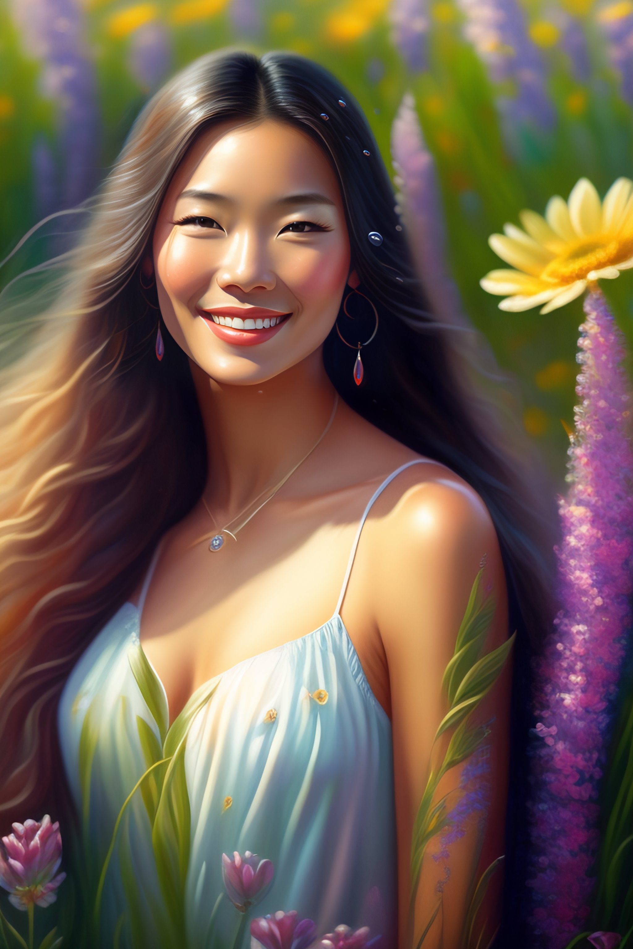 Lexica A Painting Of A Woman In A Field Of Flowers A Photorealistic Painting By Chen Chun