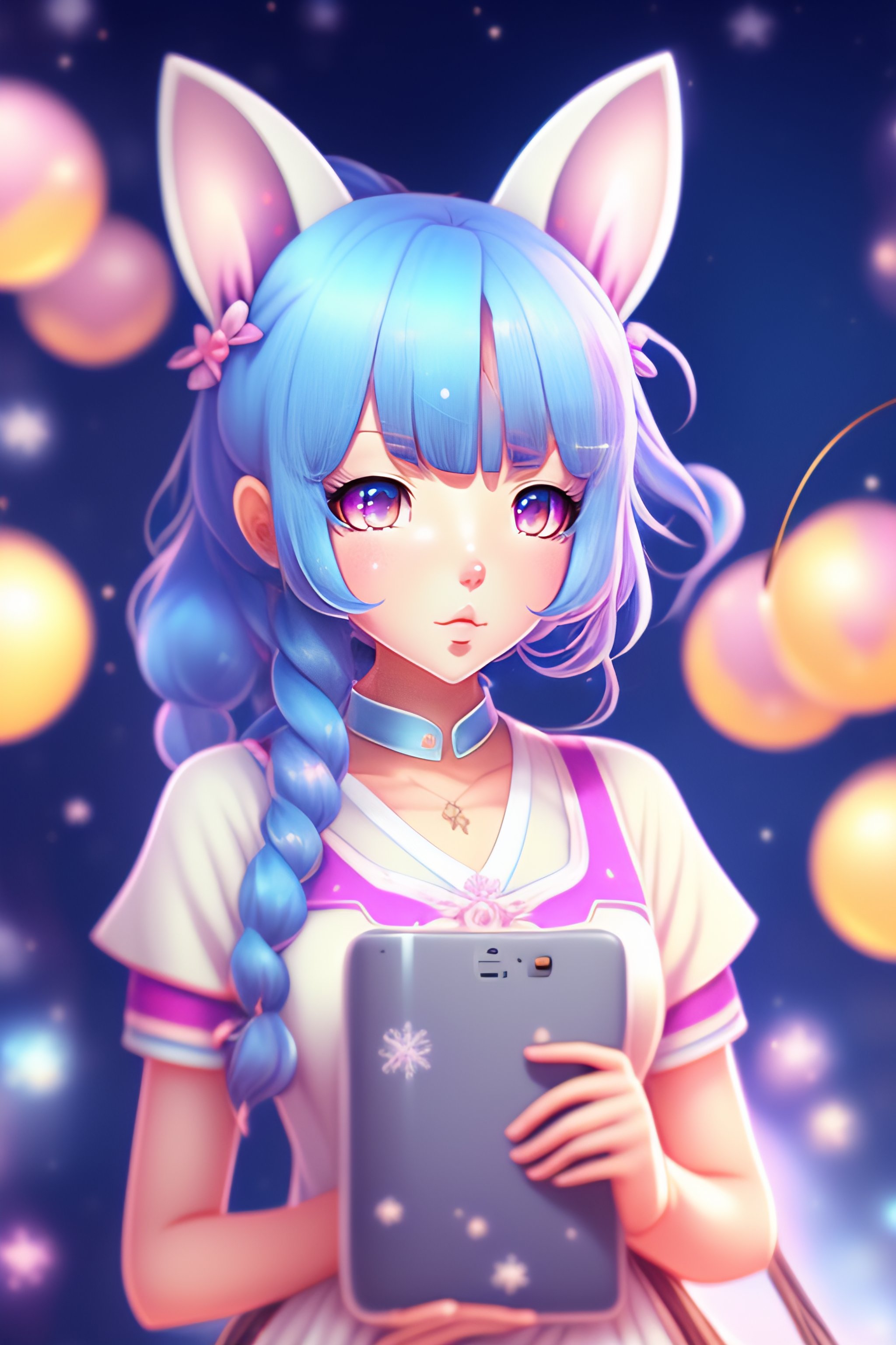 Lexica - Anime,wallpaper like pencil drawing, digital art of cute kawaii  girl with bunny ears, light blue hair,bob,pink eyes,holding a  Omikuji,backgr