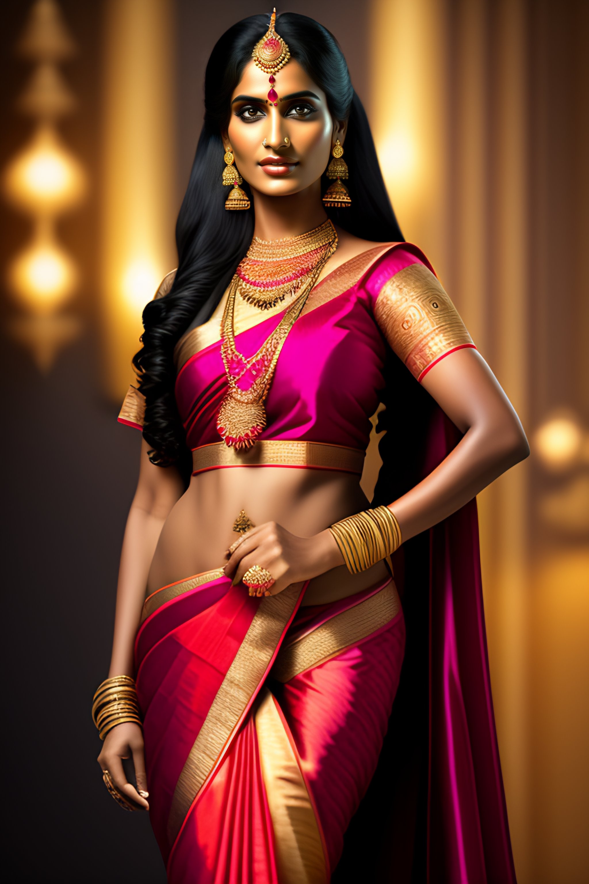 Lexica - Beautiful indian woman, princess, saree, stomach showing ...