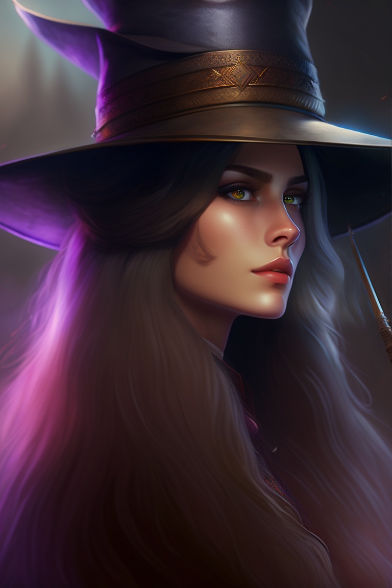 Lexica - A witch with an arrow, long hair, dark area, an hat, a long stick