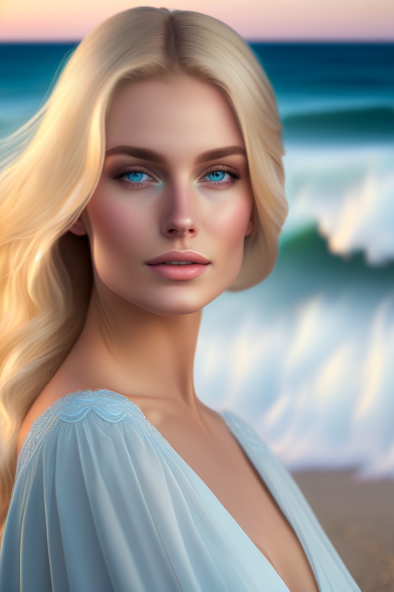 Lexica Portrait Beautiful Woman Blonde Hair Blue Eyes Sea Background Ethereal Gentle 3780