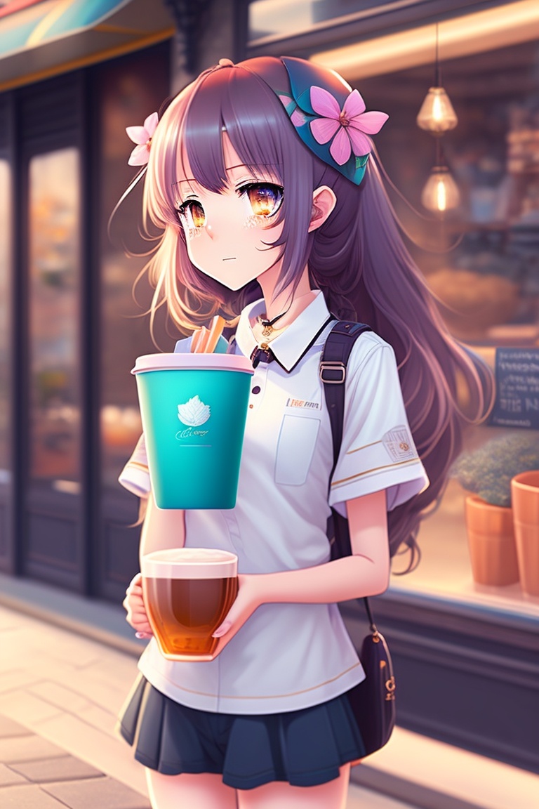 Lexica - Kidcore style, aesthetic, girl, anime, with a coffee in hand