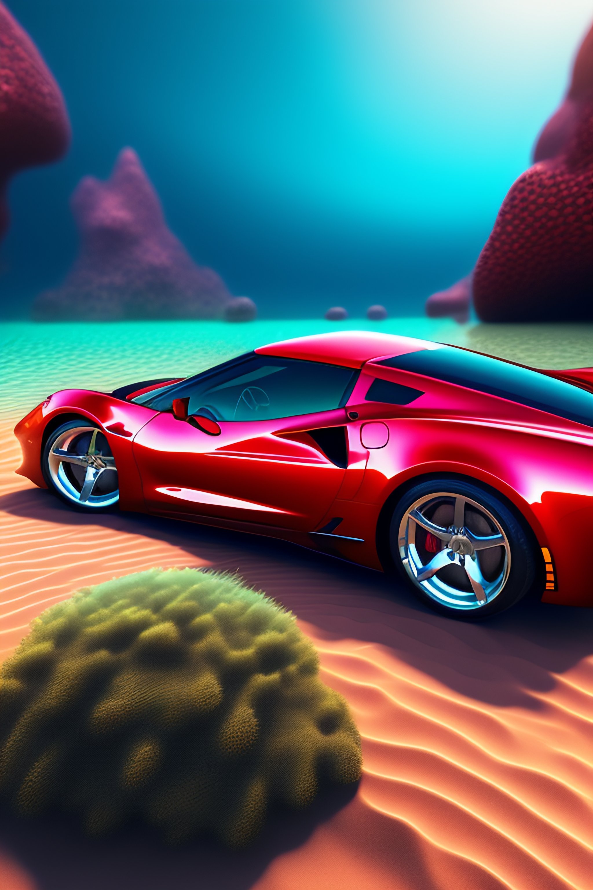 Lexica Burgundy C Corvette Underwater Sitting On Ocean Floor