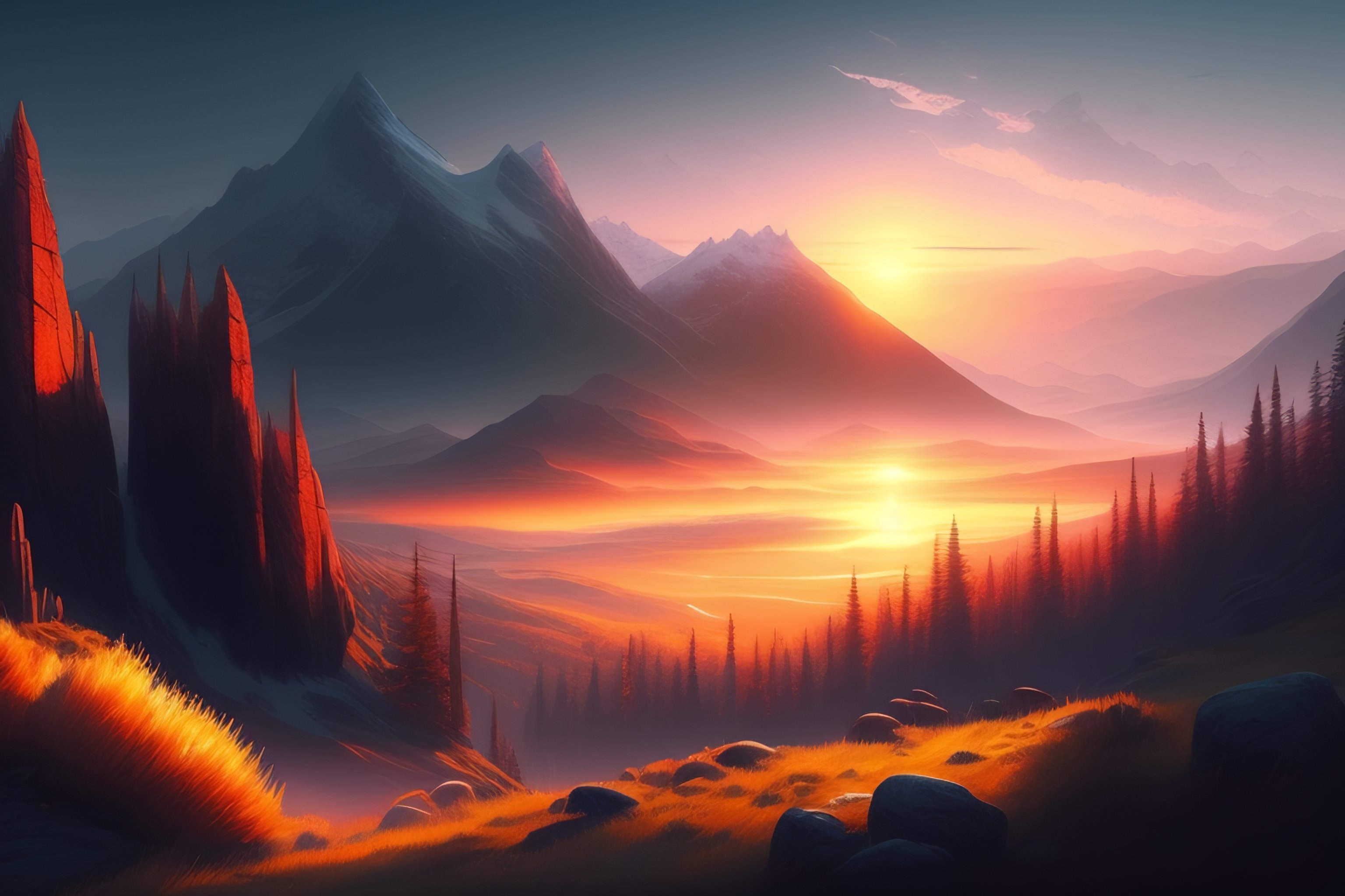 Lexica - Mountain landscape, sunset, beautiful, Greg Rutkowski ...