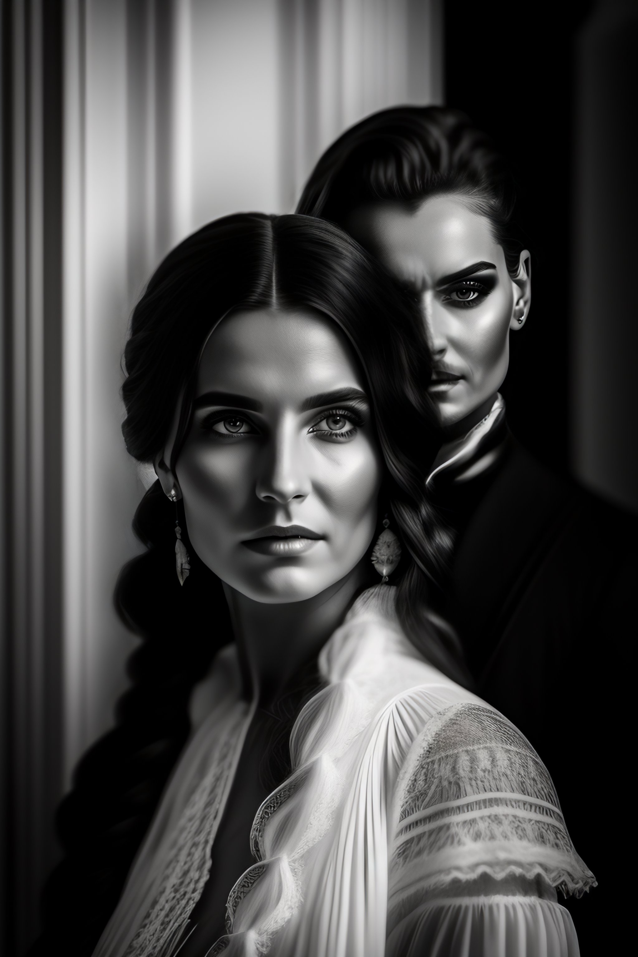 Lexica - Ghost and young woman in victorian house, black and white ...