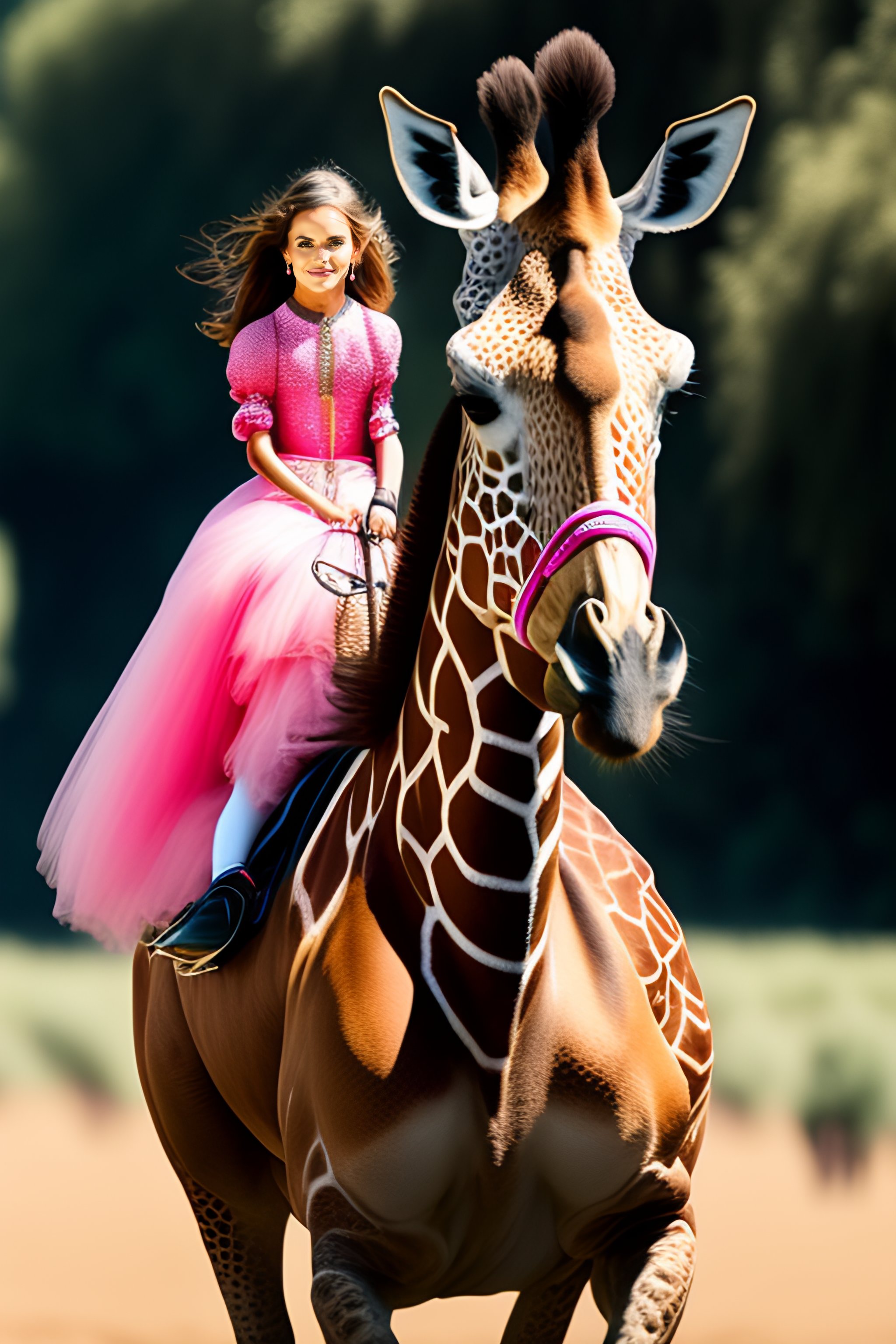 Lexica - Marta Gastini in pink princess style riding a giraffe