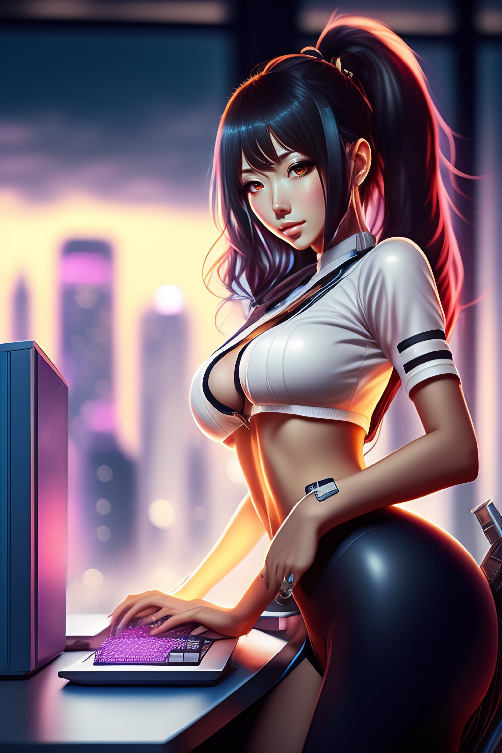 Lexica Sexy Anime Girl Working On Computer In Loft Skyline