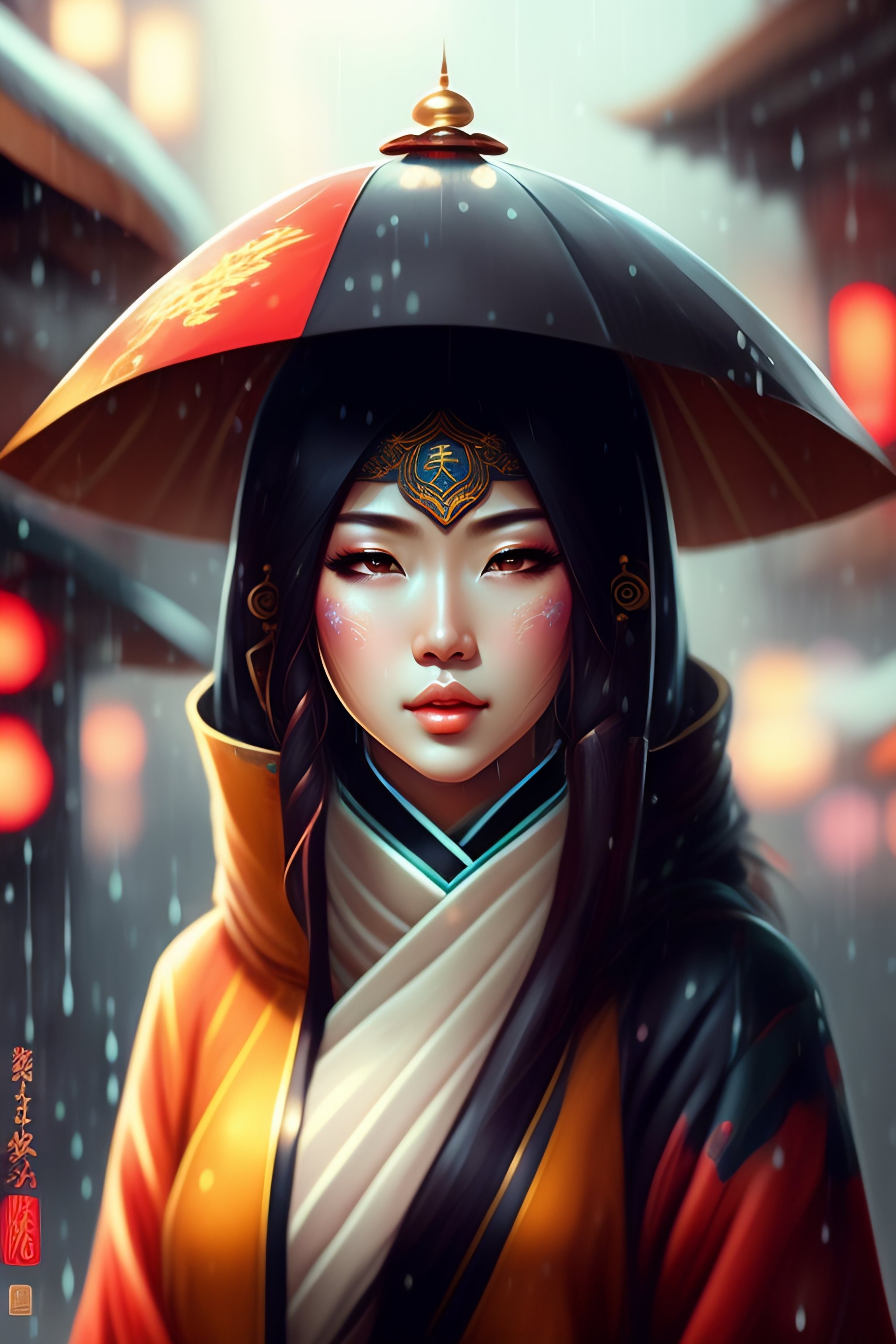 Lexica Anime samurai girl standing in the rain wearing traditional