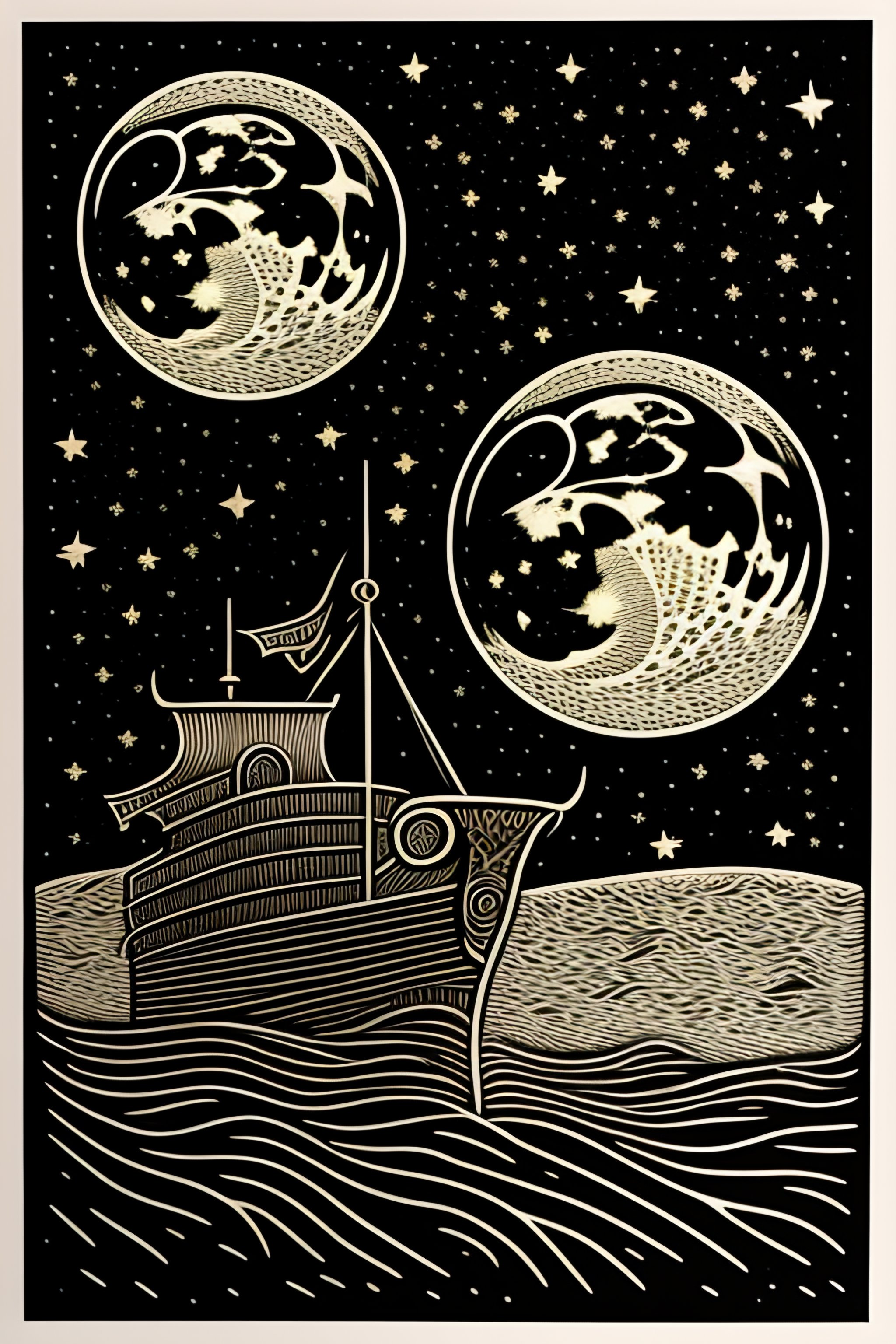 Lexica - An award winning linocut engraving on paper of viking in the moon