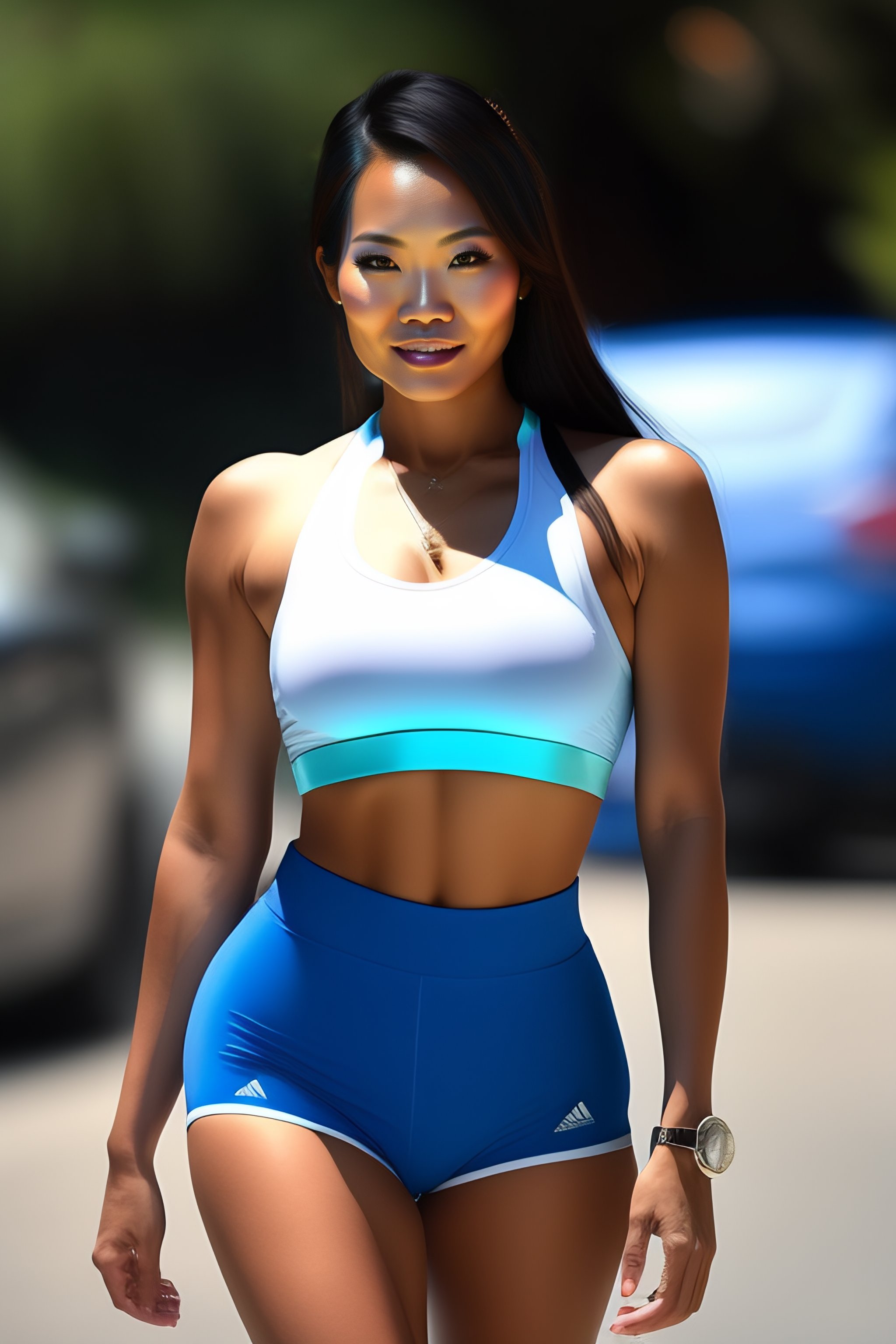 Lexica - Lovely thai woman wearing silver sports bra and blue short shorts
