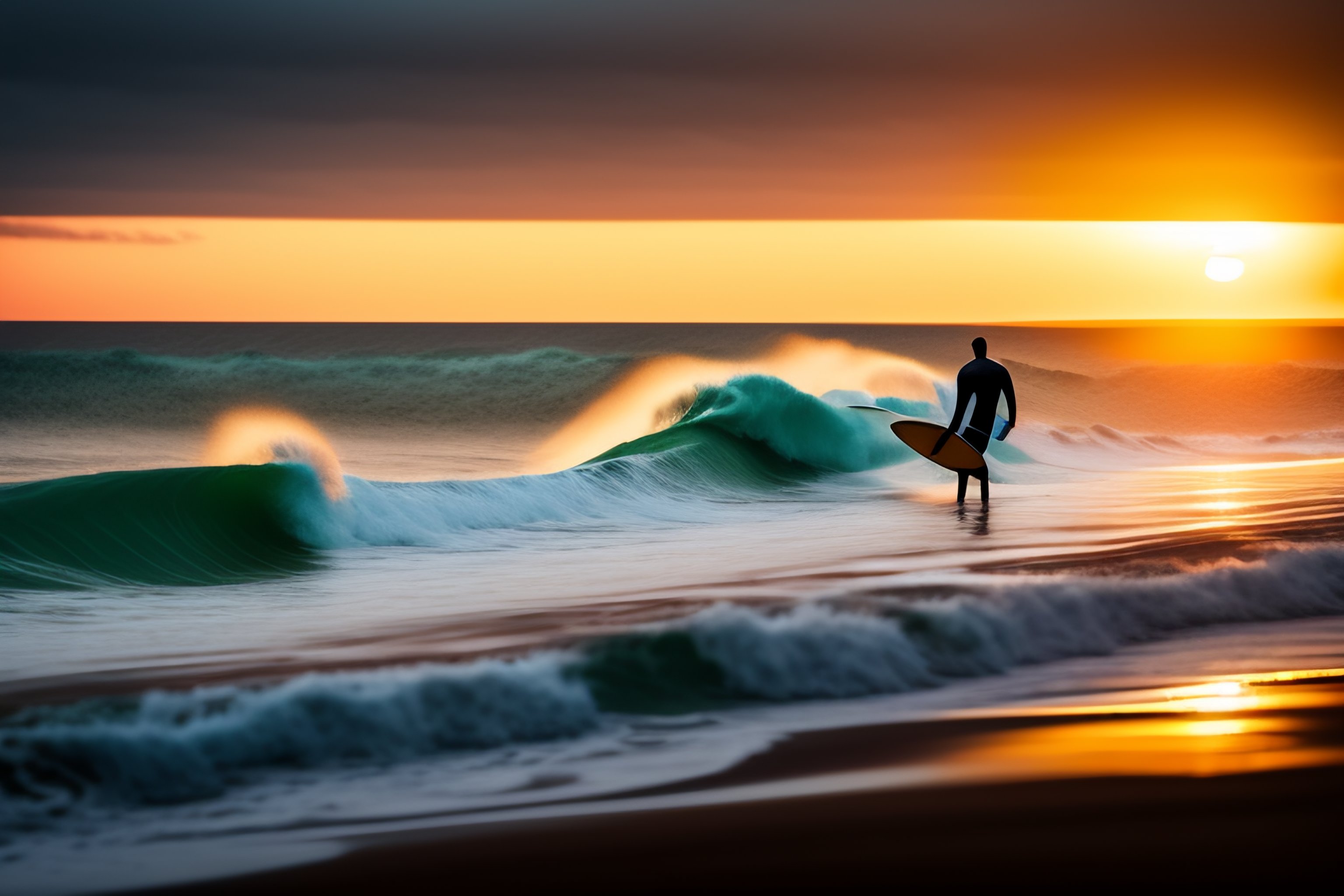 lexica-sunset-with-surfers-walking-on-sand