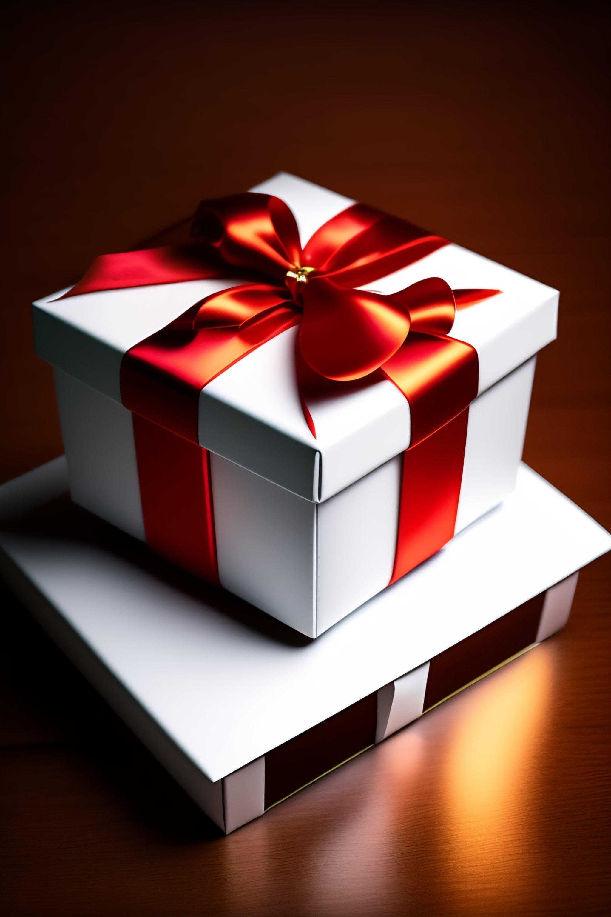 Lexica - Open gift white box with glow inside, red undone ribbon