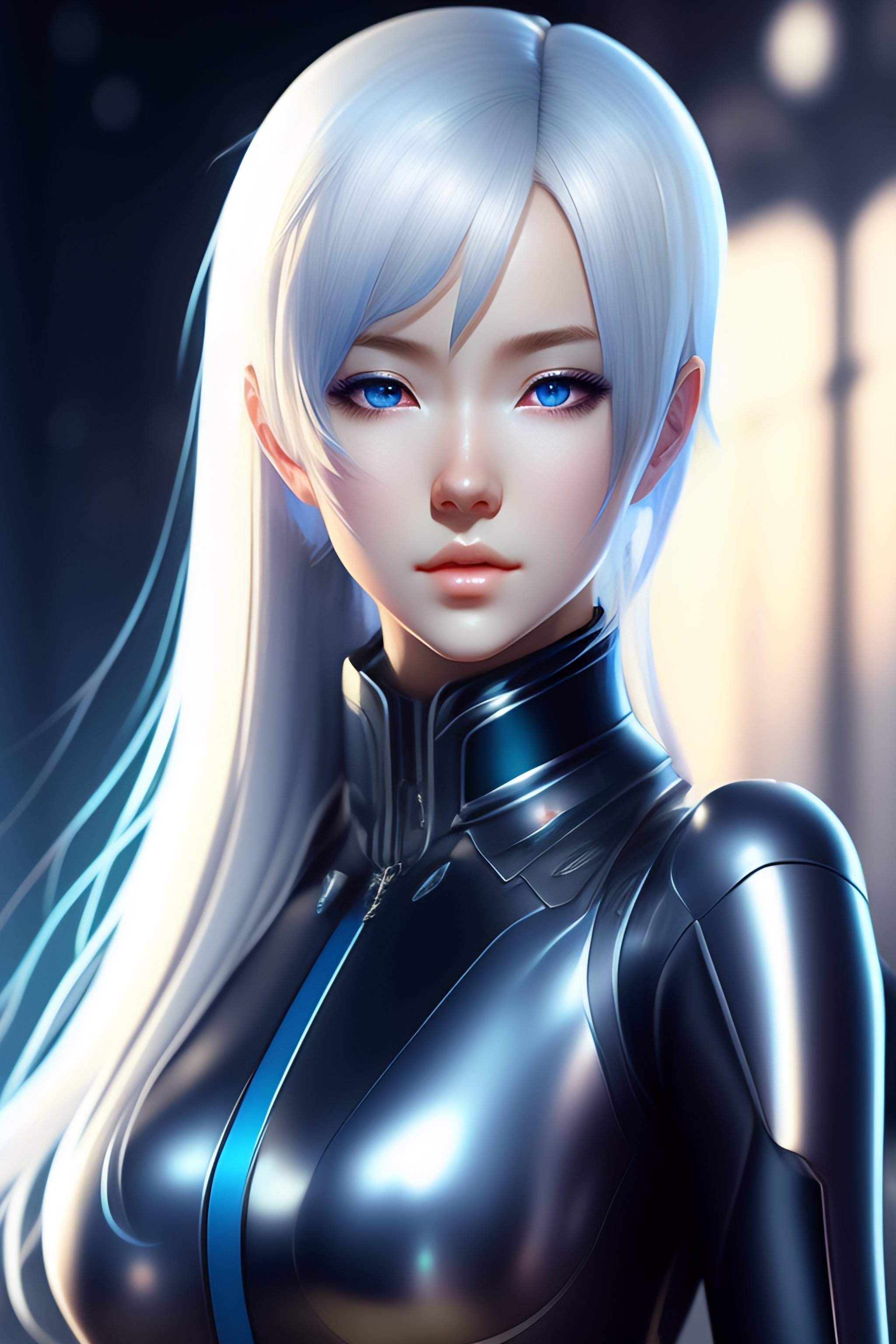 Lexica - Young adult anime android girl with silver hair, blue eyes ...