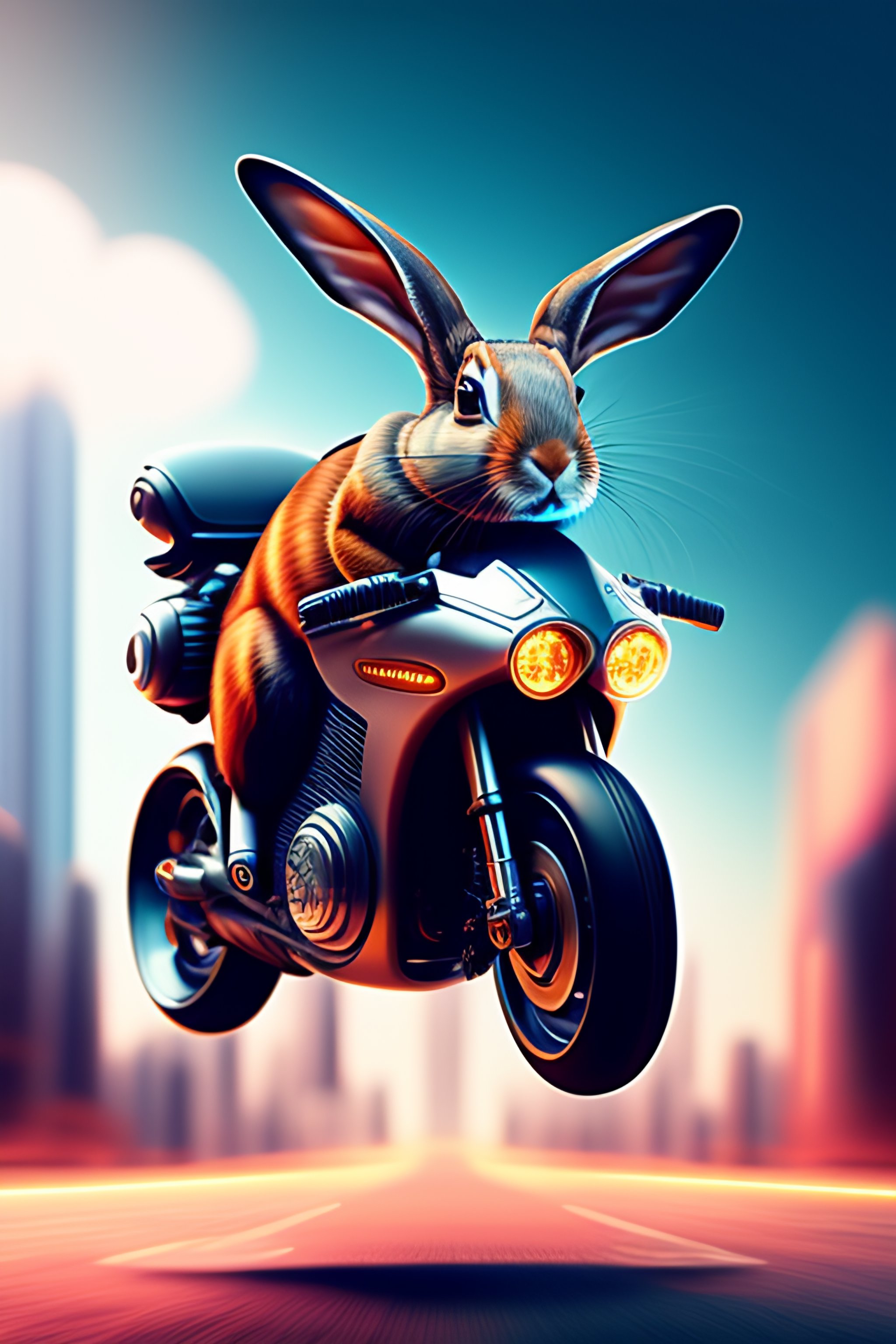 Lexica - A Cyberpunk Rabbit, in a futuristic Motorcycle, jumping over a ...