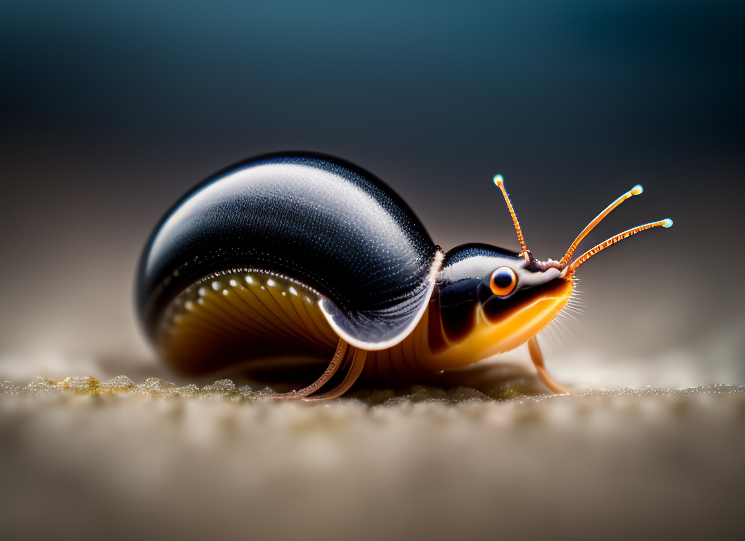 Lexica A photograph of a tall glossy grey snail with fuzzy legs, eye stalks, thin tentacles