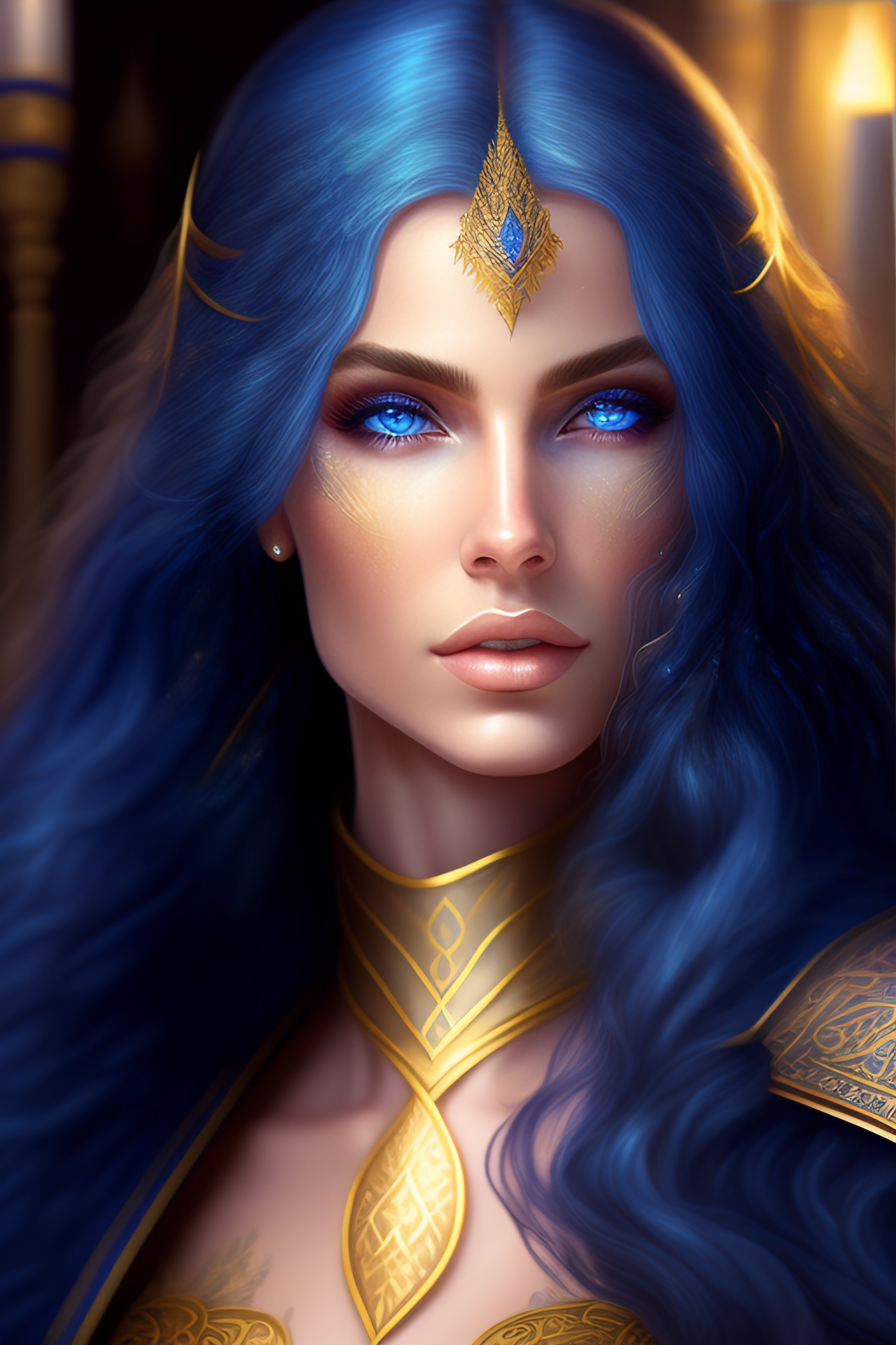 Lexica - A cute sorceress elven, blue long hair, golden eyes, in a ...