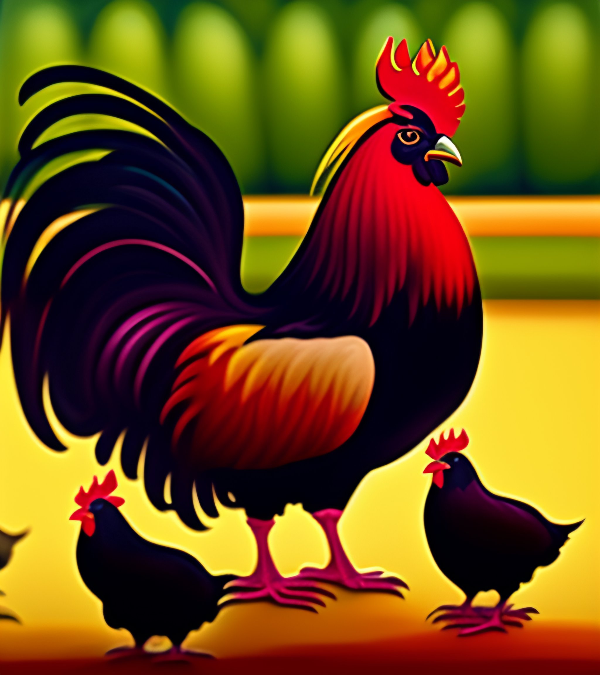 Lexica - 2. A rooster stands beside a group of chickens within a smart ...