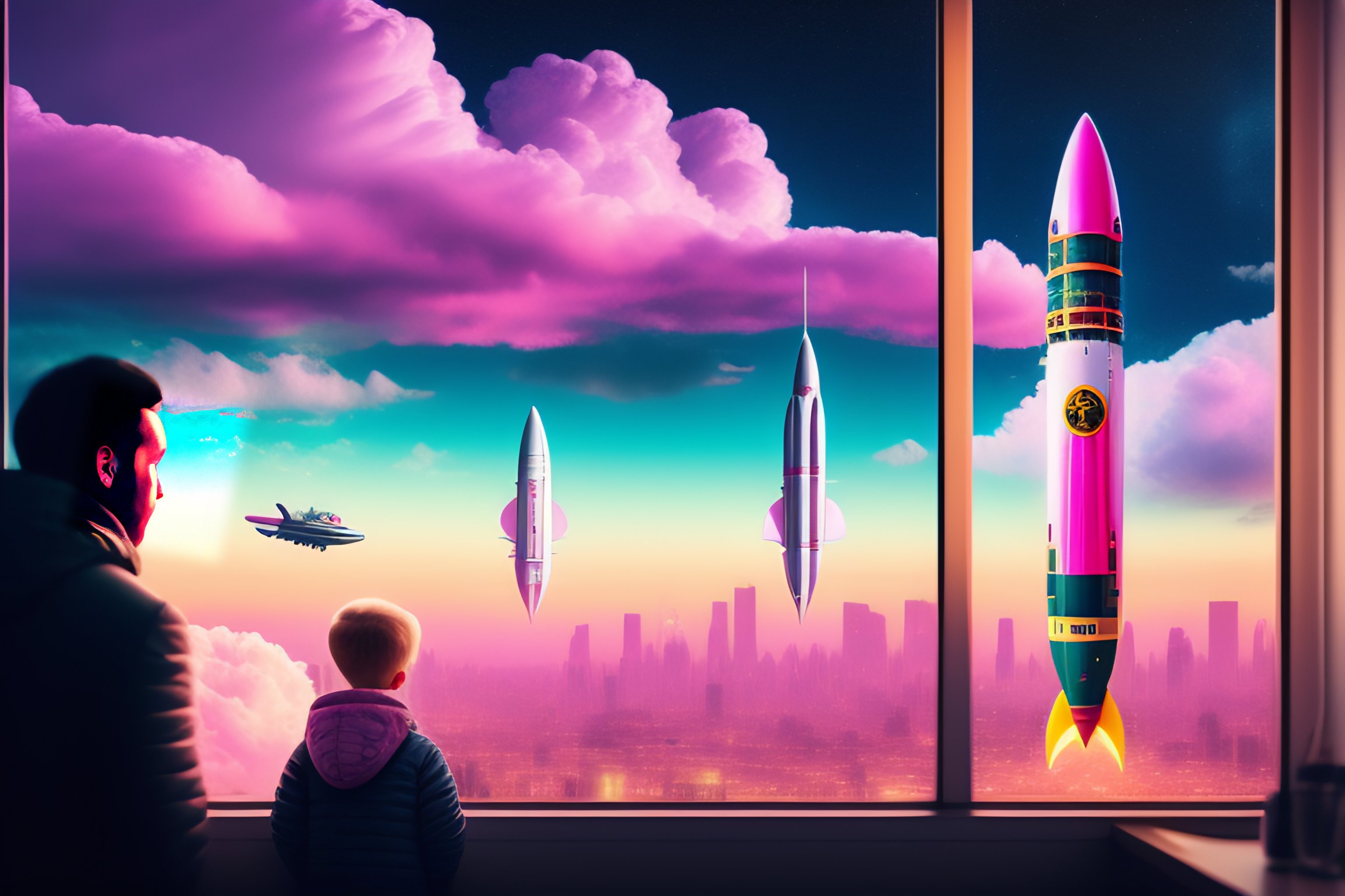 Lexica Skyline window rainy space city pink clouds