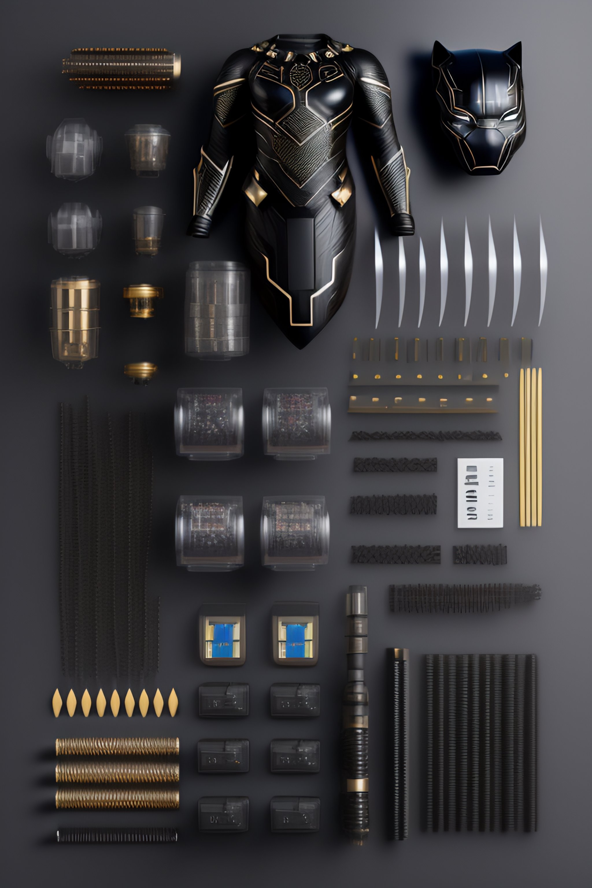 Lexica - Black Panther suit, Costumes and mechanical parts, Knolling ...