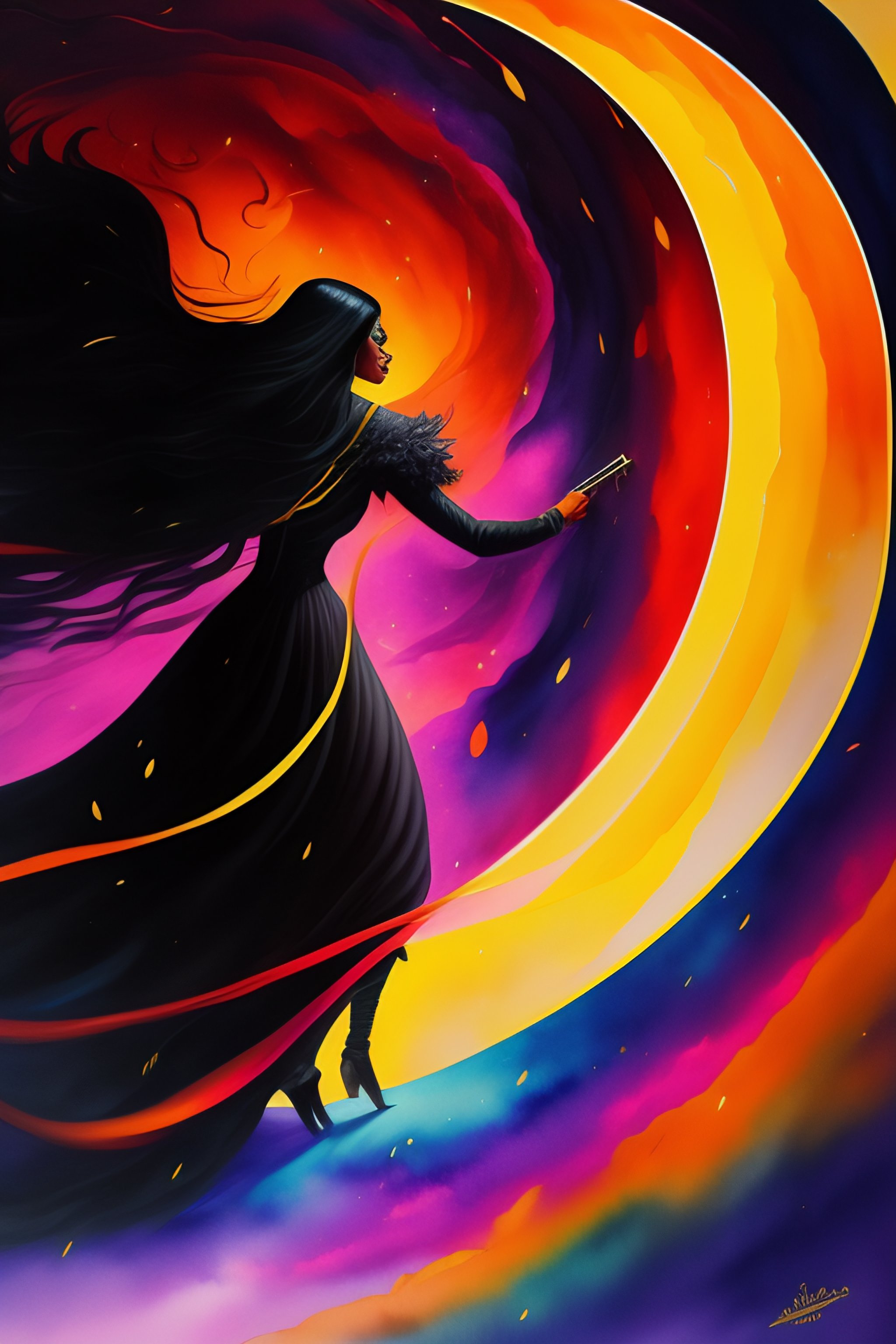 Lexica - Watercolor style, beautiful black witch fighting deamon ...