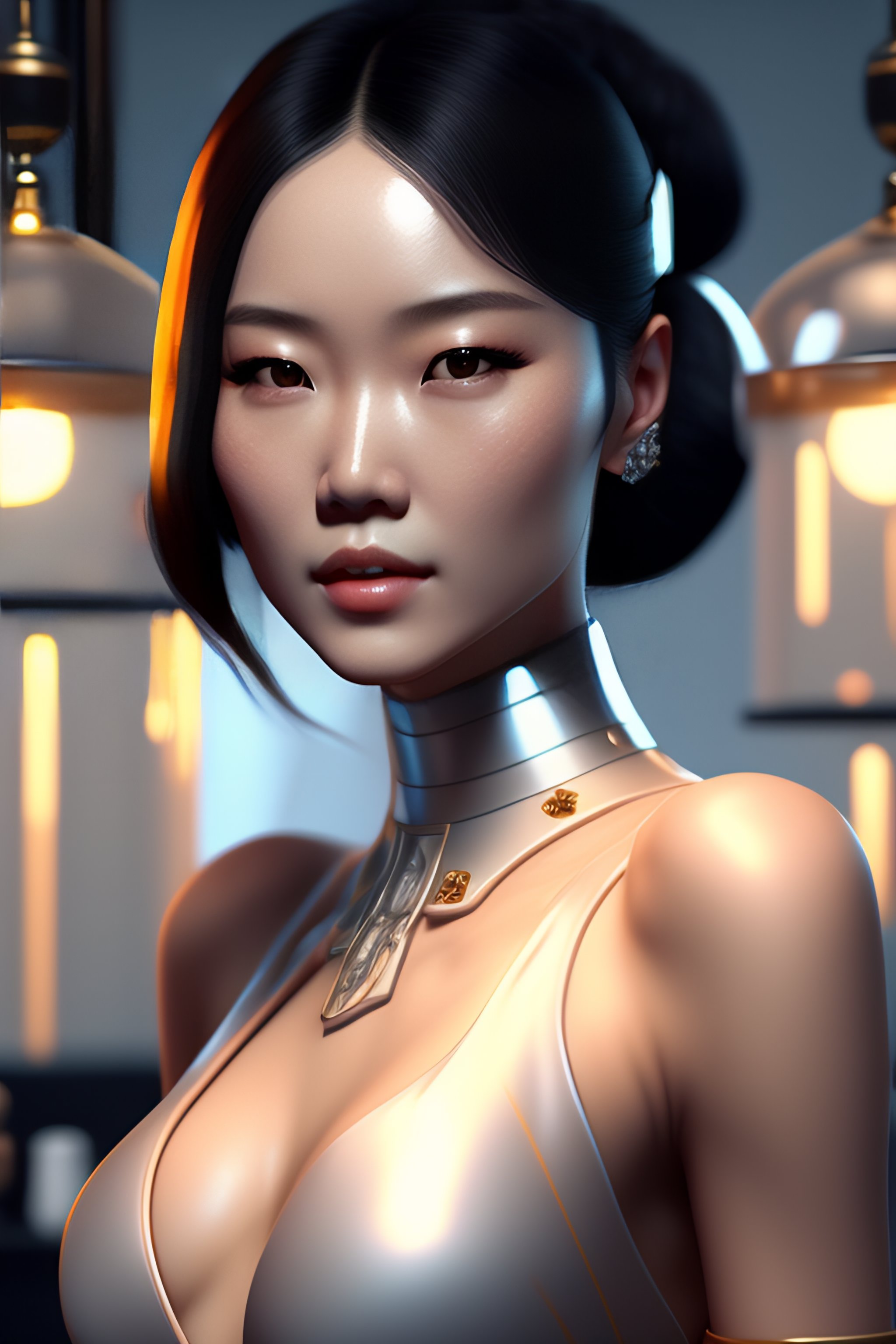 Lexica - Digital illustration of AI, humanoid girl, pretty!!!!! , full view, Asian,nude, face of Zhang Ziyi, in a laboratory , trending on artstation,...