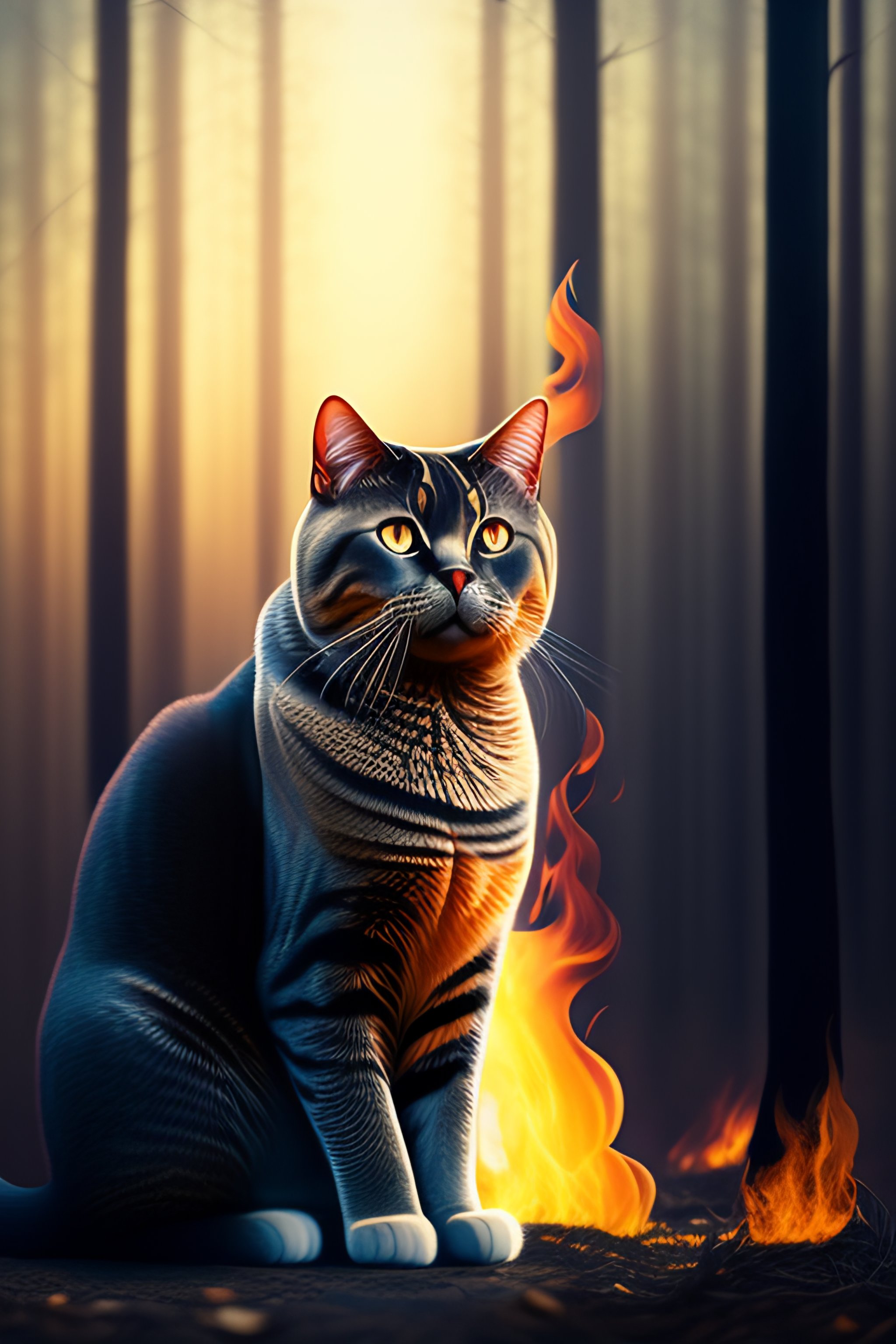 Lexica - British shorthair cat warrior next to trees that burns from fire