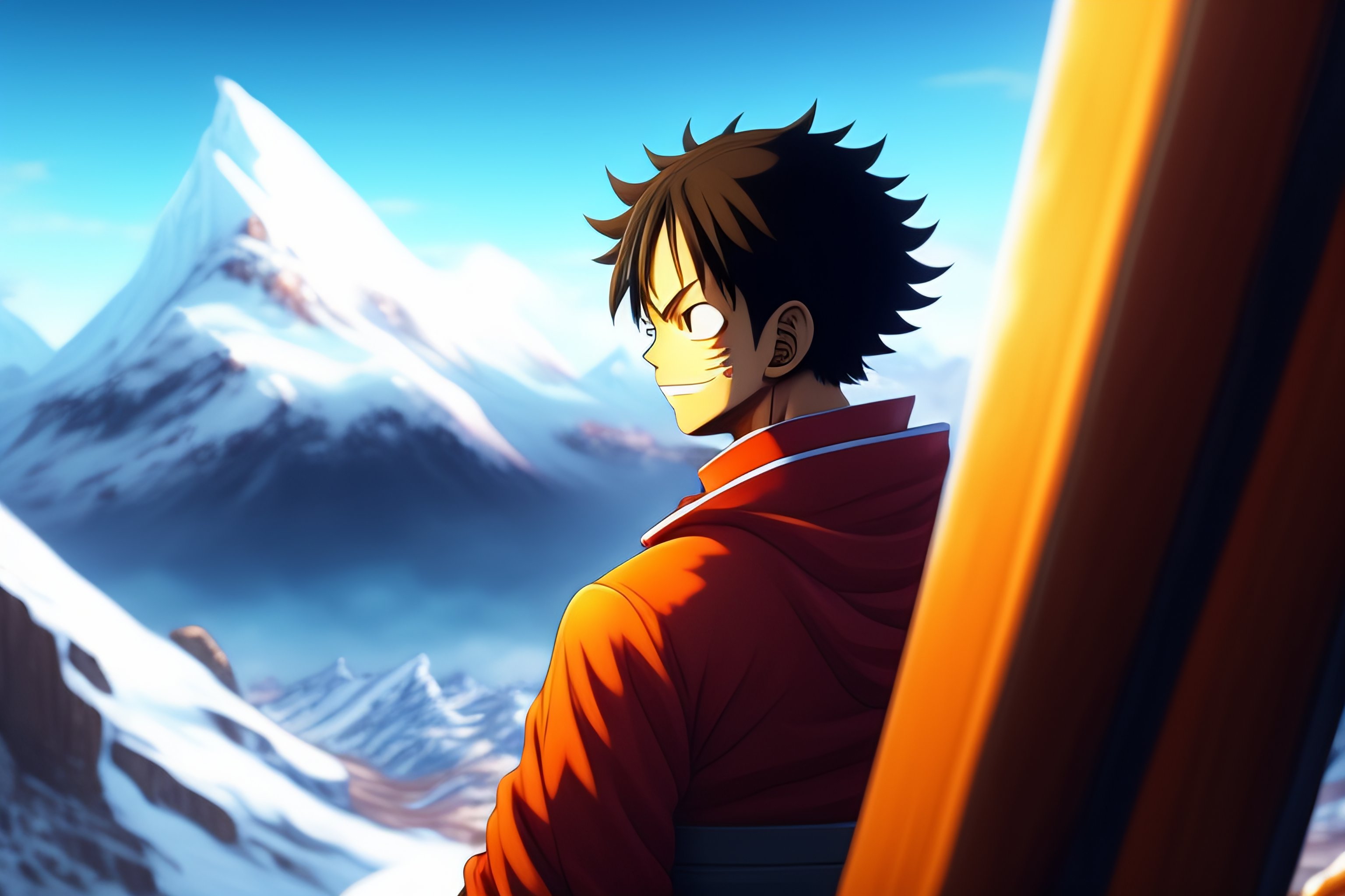 Lexica Luffy from one piece sitting on a roof looking up to the sky