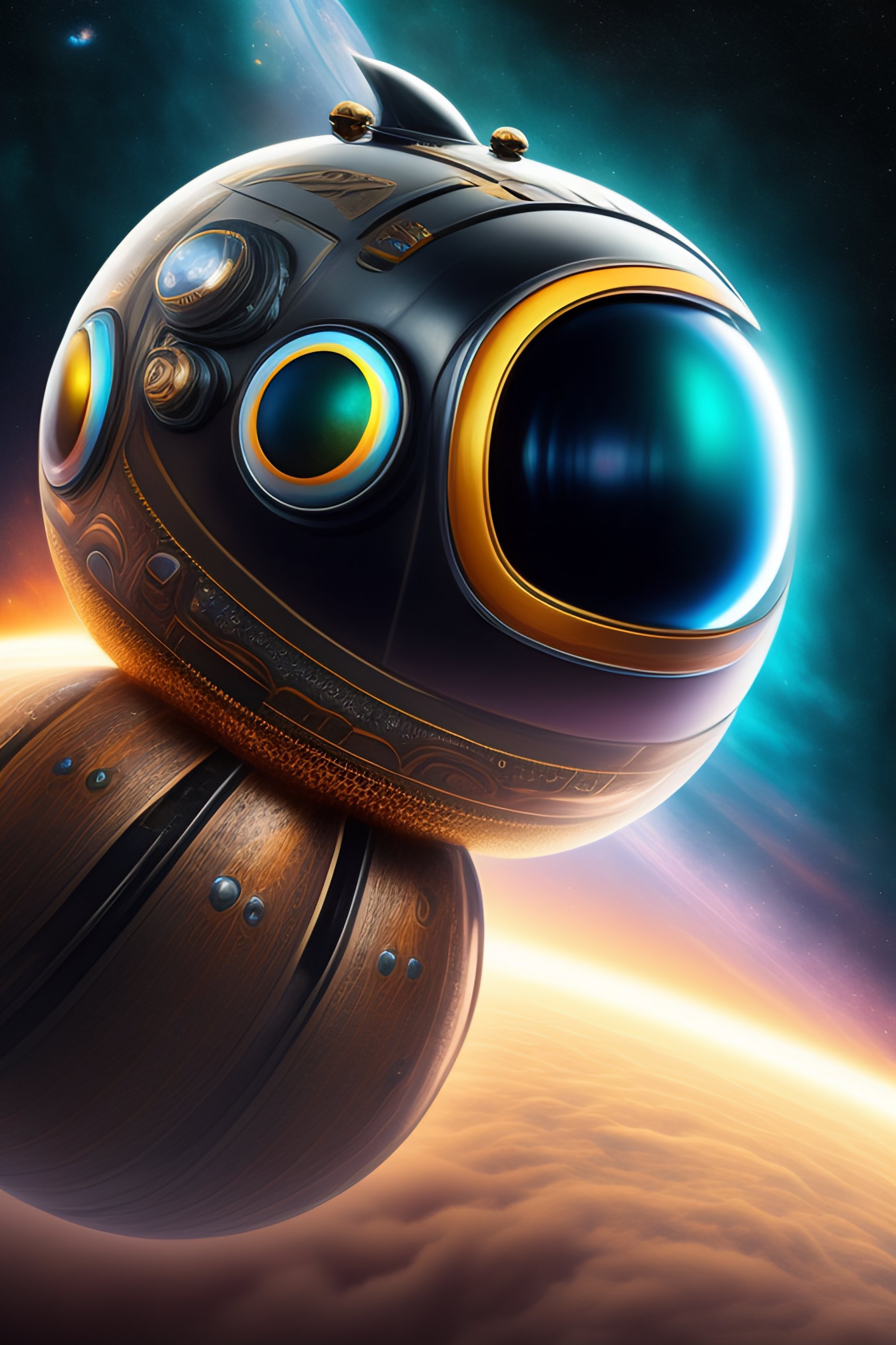 Lexica Buff robot, black clam head, goggly eyes, in space, movie poster