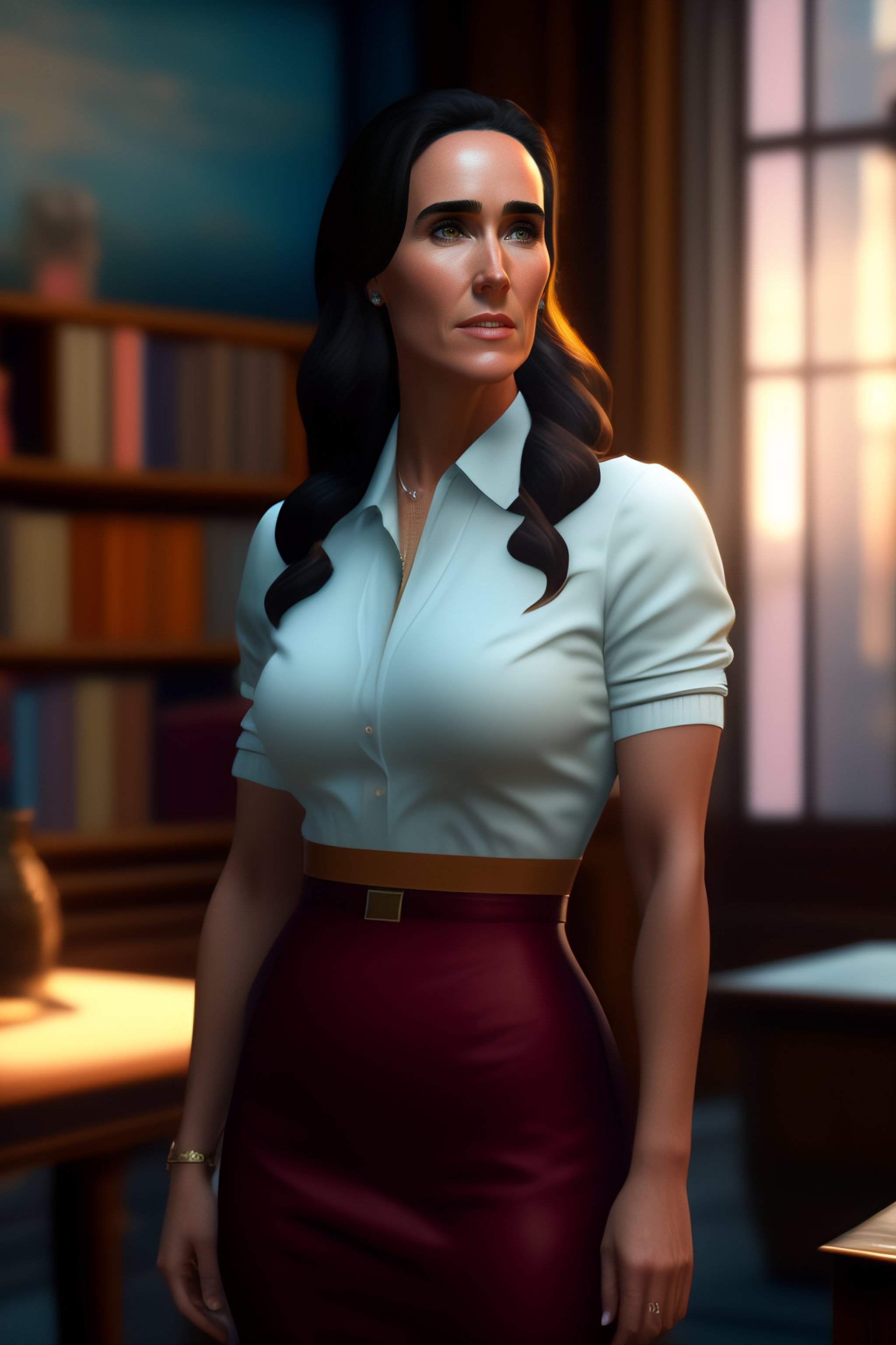 Lexica Jennifer Connelly As A Beautiful School Teacher Wearing Tight Revealing Shirt Her 