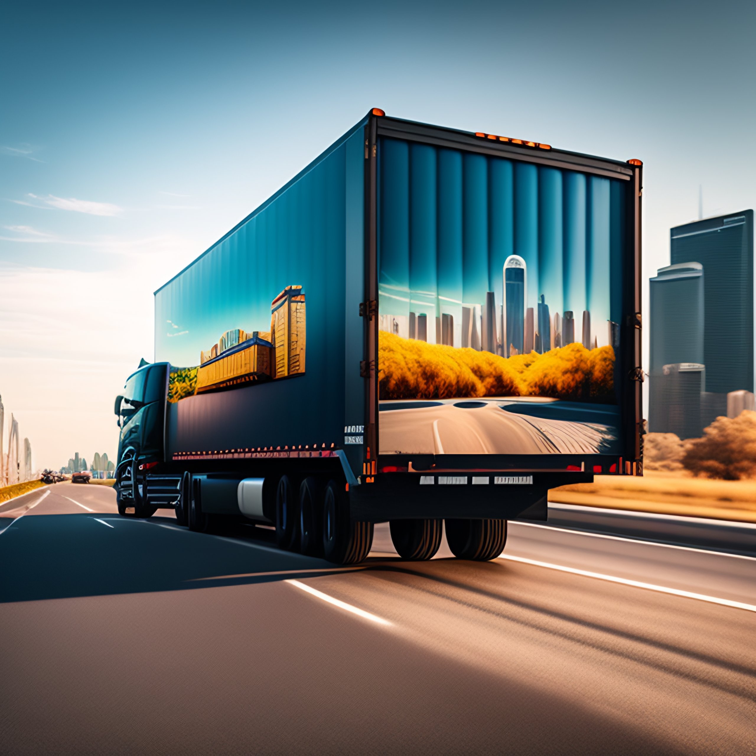 Lexica - Photograph of a moving truck with a city landscape in the