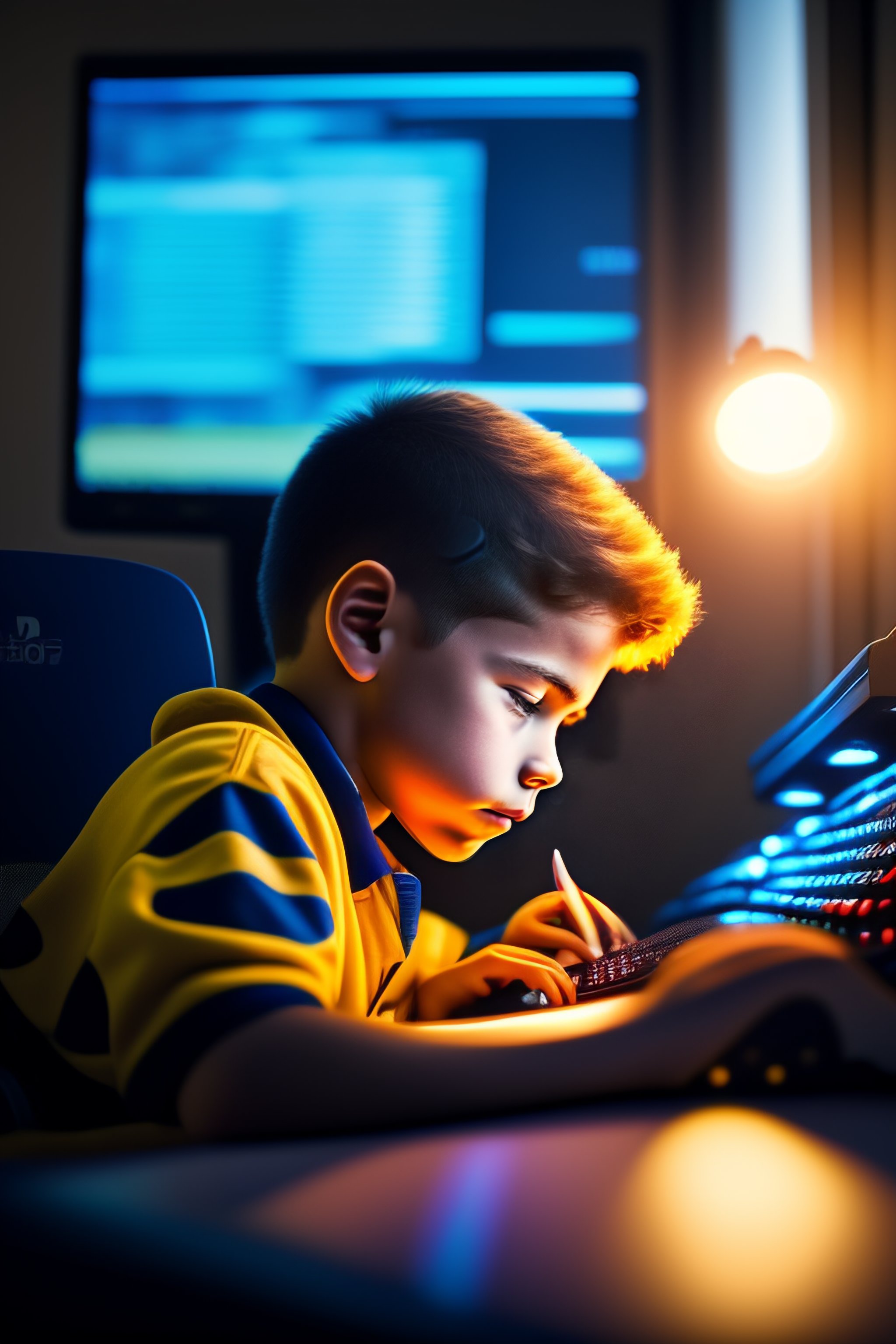 Lexica - A young boy sits at his desk, surrounded by screens and wires ...