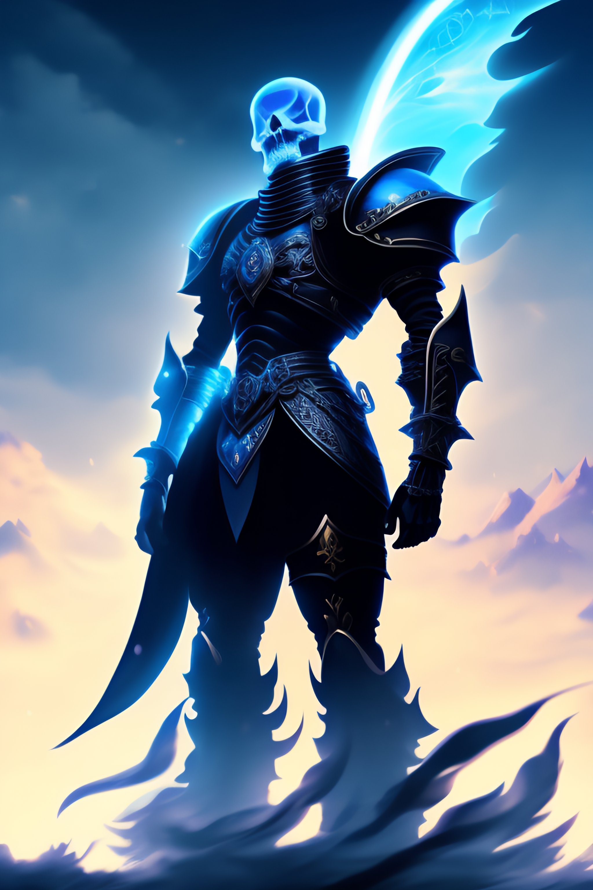 Lexica Giant skeleton in black armor, blue ghostly aura around him