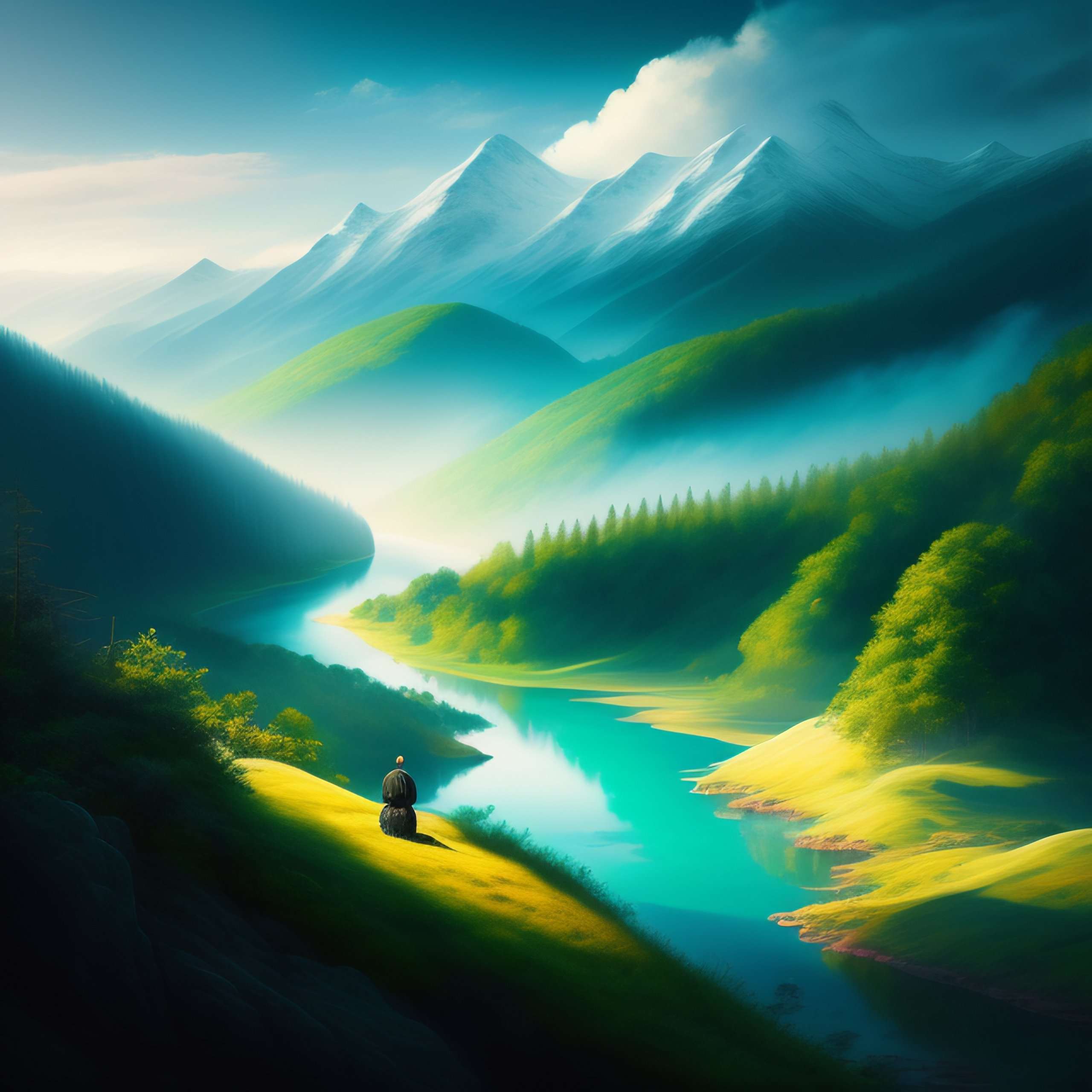 Lexica - A lush landscape, atmospheric, forest far away, blue ocean ...