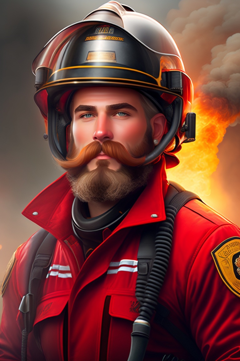 Lexica A firefighter wearing a red firefighting suit and helmet, with