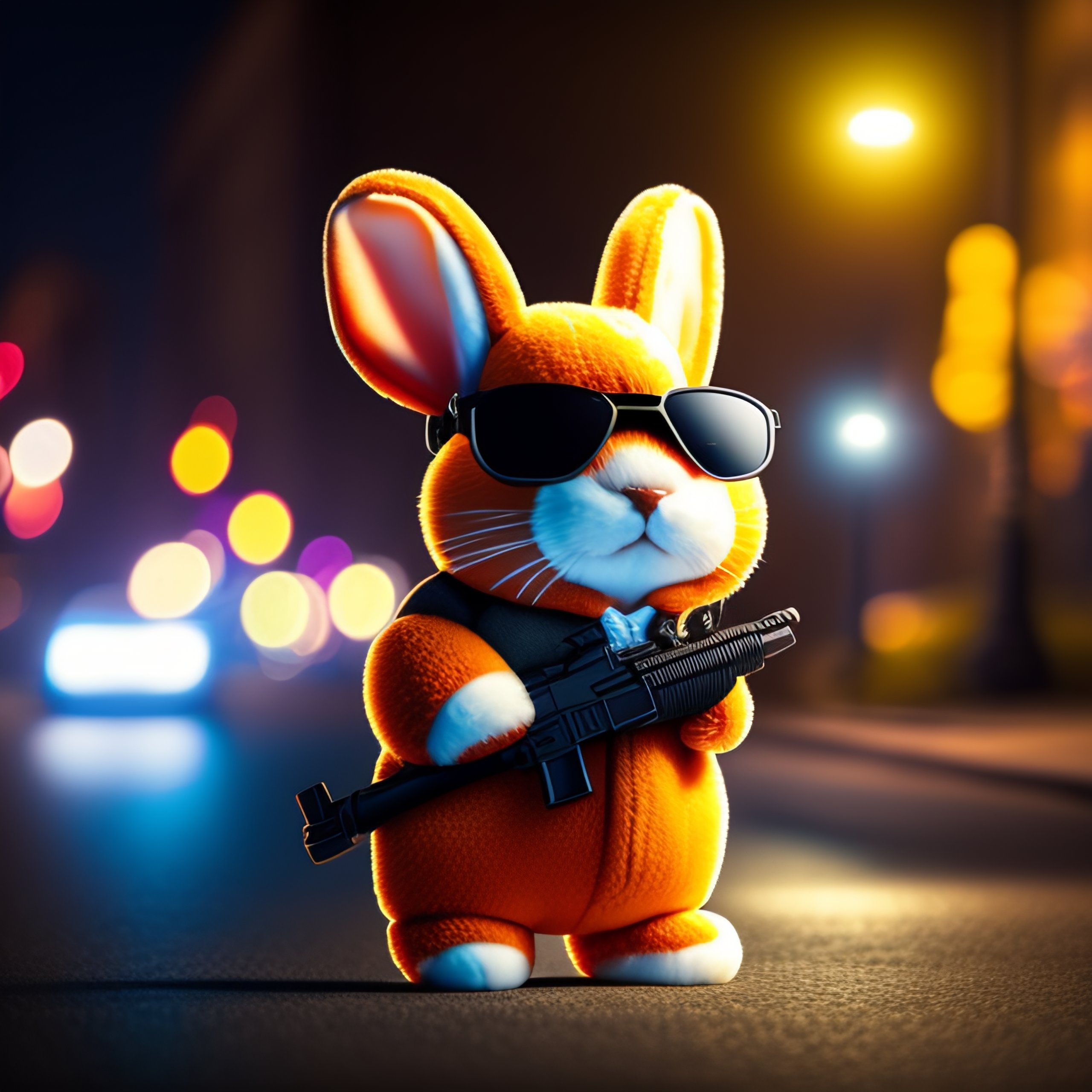 Lexica - Plush rabbit with gun and sunglasses in front of bank robbing ...