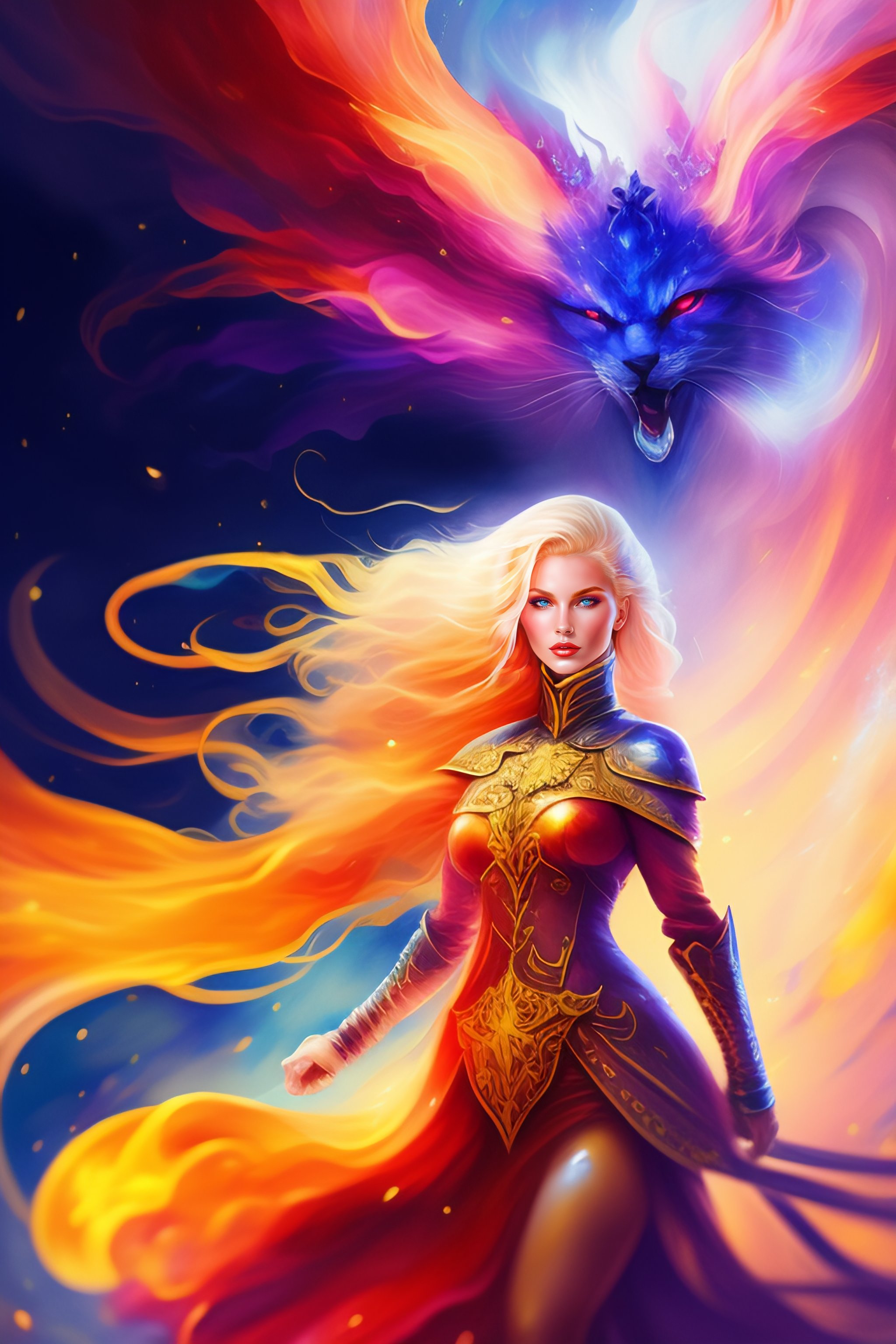 Lexica - Watercolor style, beautiful blond witch fighting deamon ...