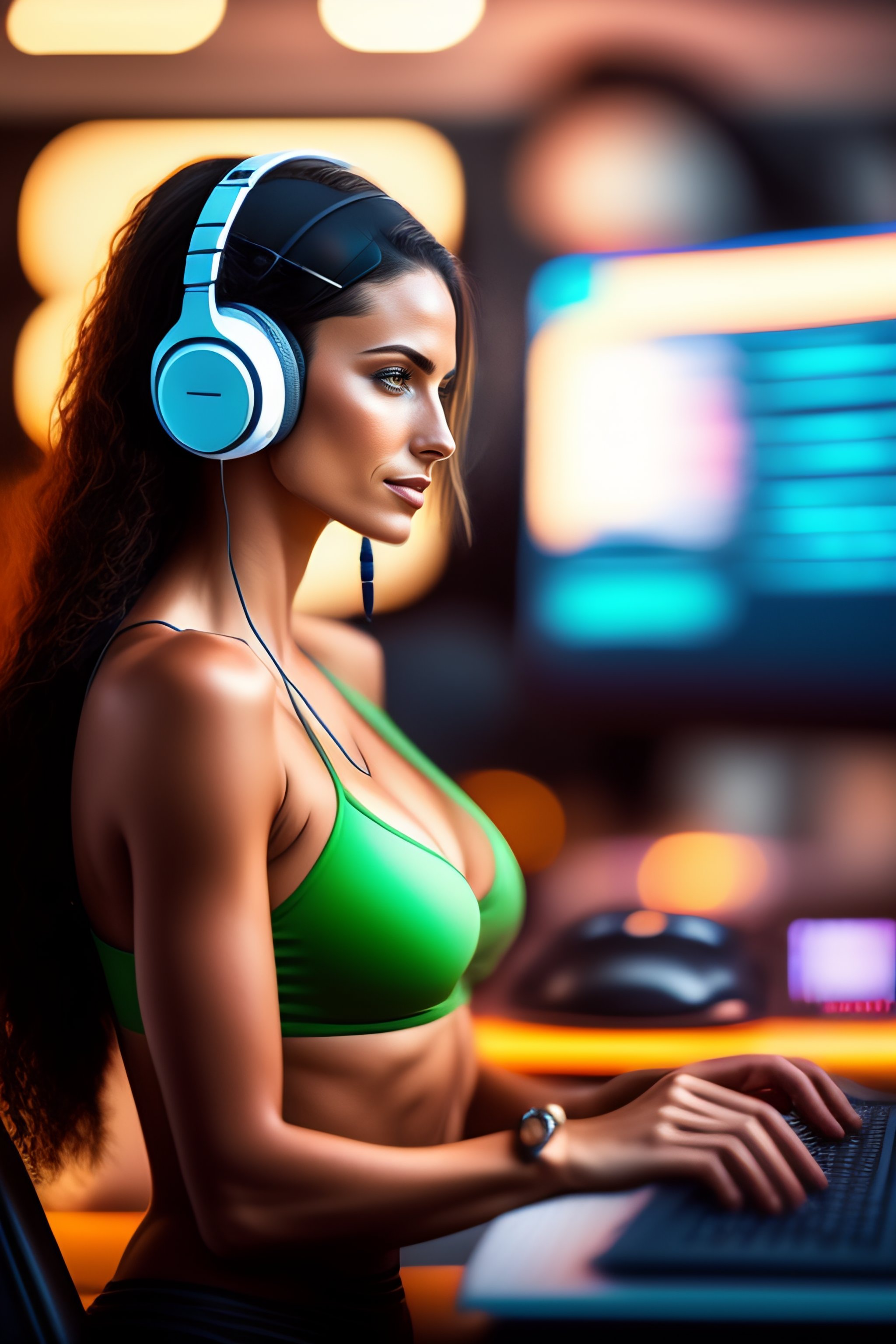 Lexica Generate an image of a caucasian female hacker in a bikini at