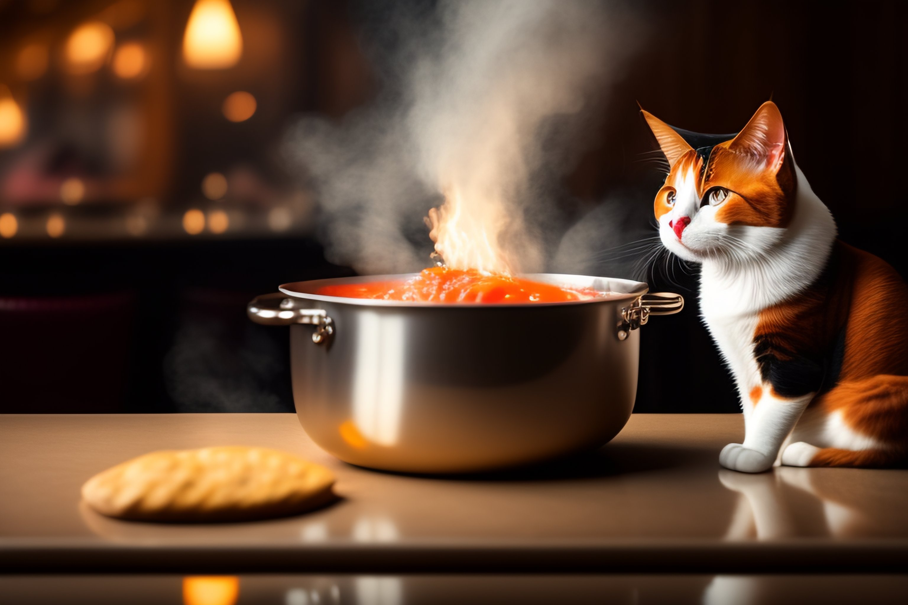 Lexica - A calico cat cooking soup at a French restaurant