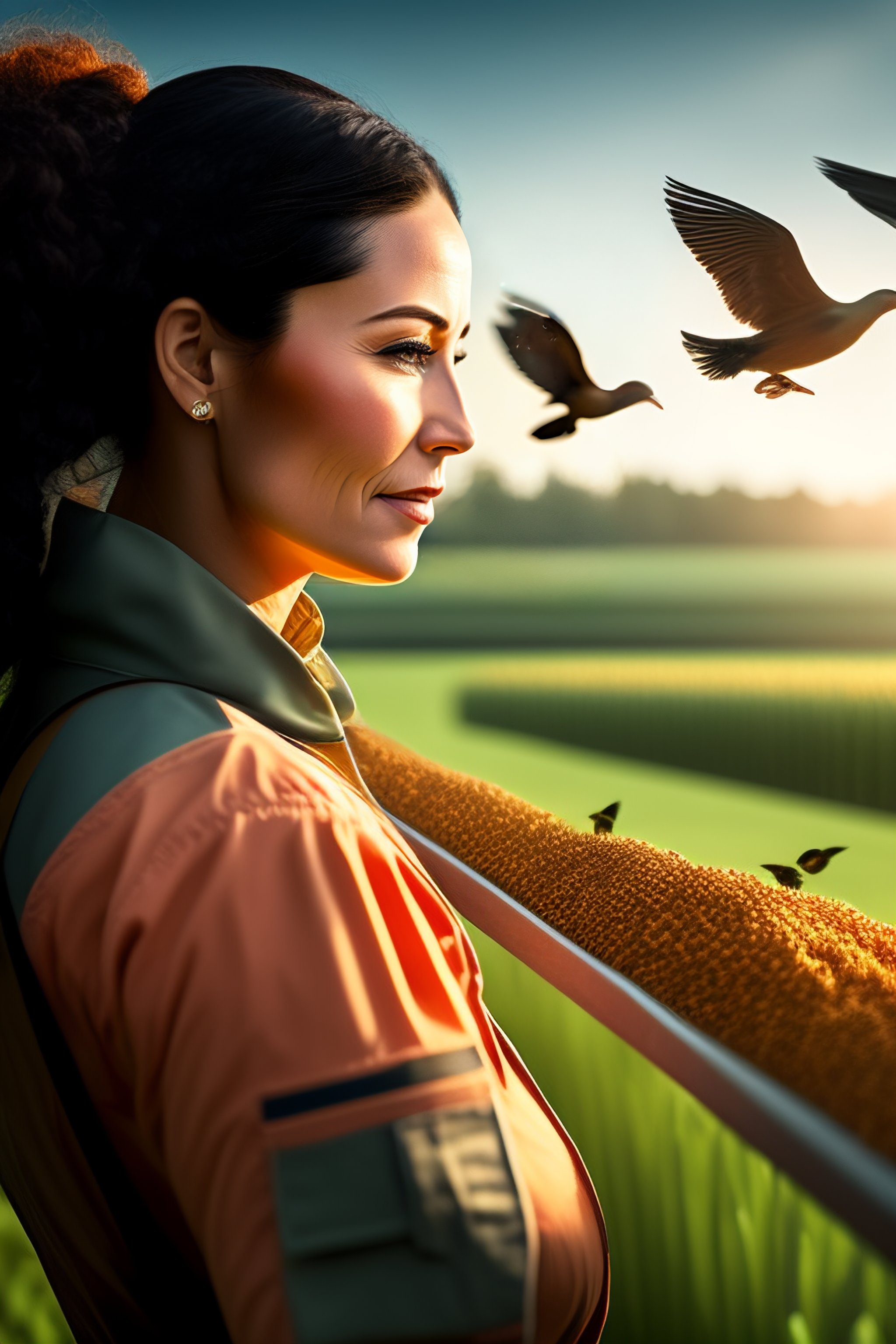 Lexica - Portrait of a women working in a farm with a few birds flying