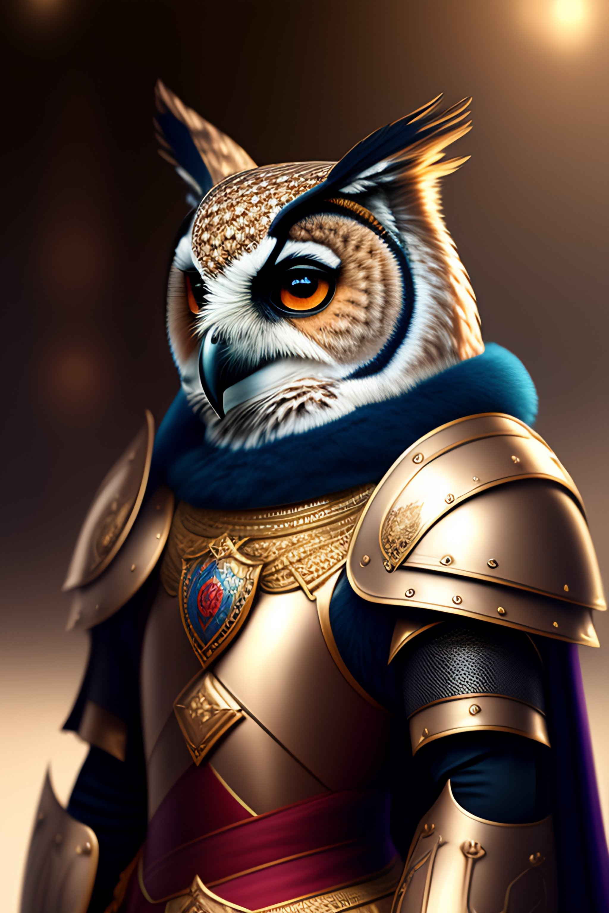 Lexica Portait of a owl in royal armor with sword and shield, anime style