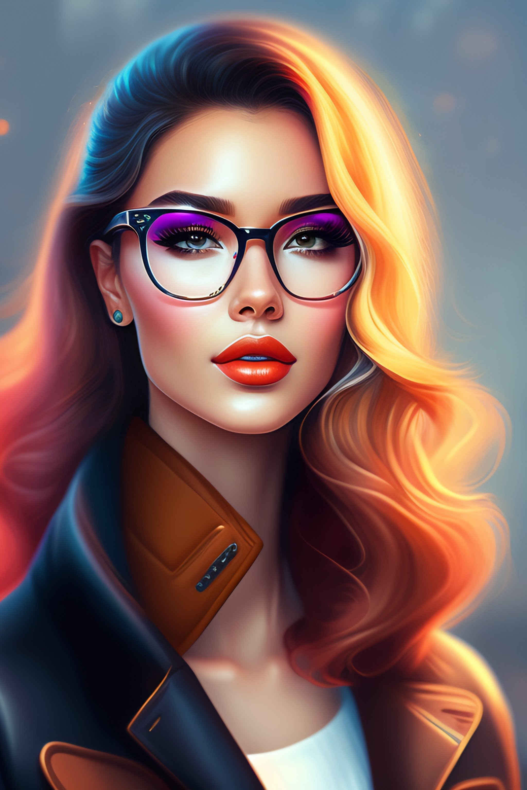 Lexica Elegant Girl In Urban Outfit Cute Fine Face Rounded Eyes Digital Painting Glasses