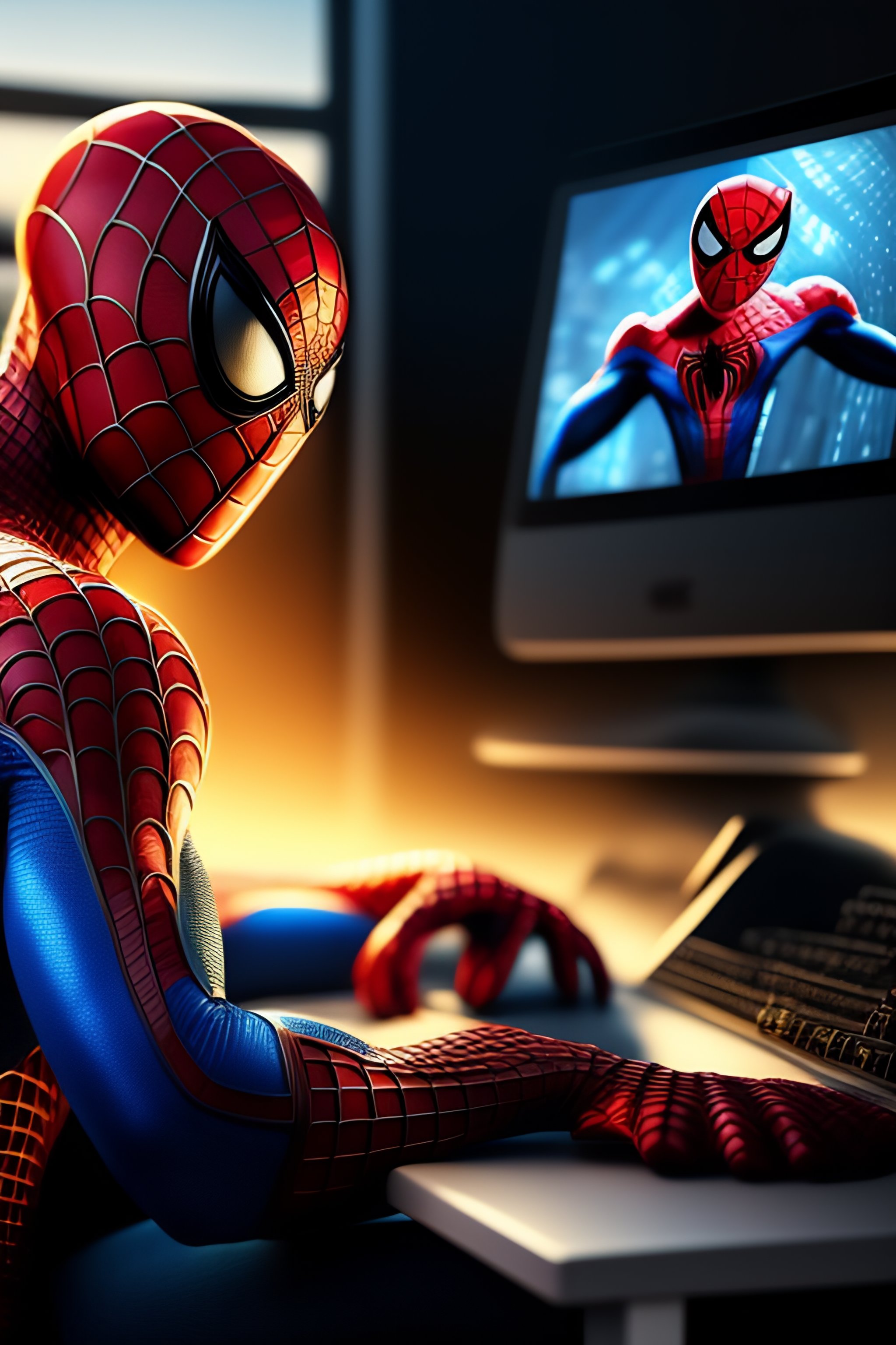 Lexica - Digital art image of a spiderman-look-alike sitting in front of a  computer. On the computer screen is an image of spiderweb as ascii art