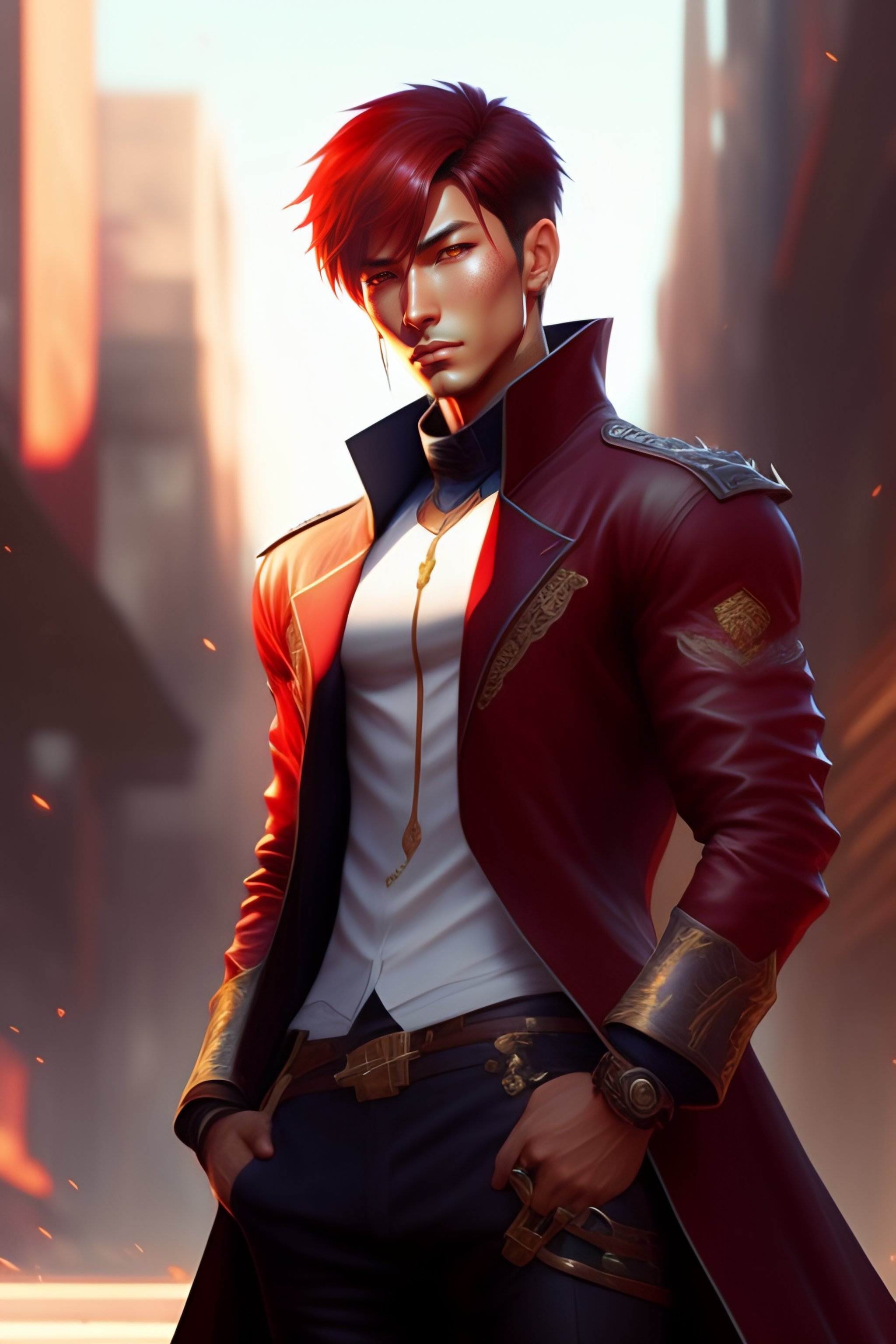 Lexica - Harmony of red abandoned city, cute handsome iori yagami