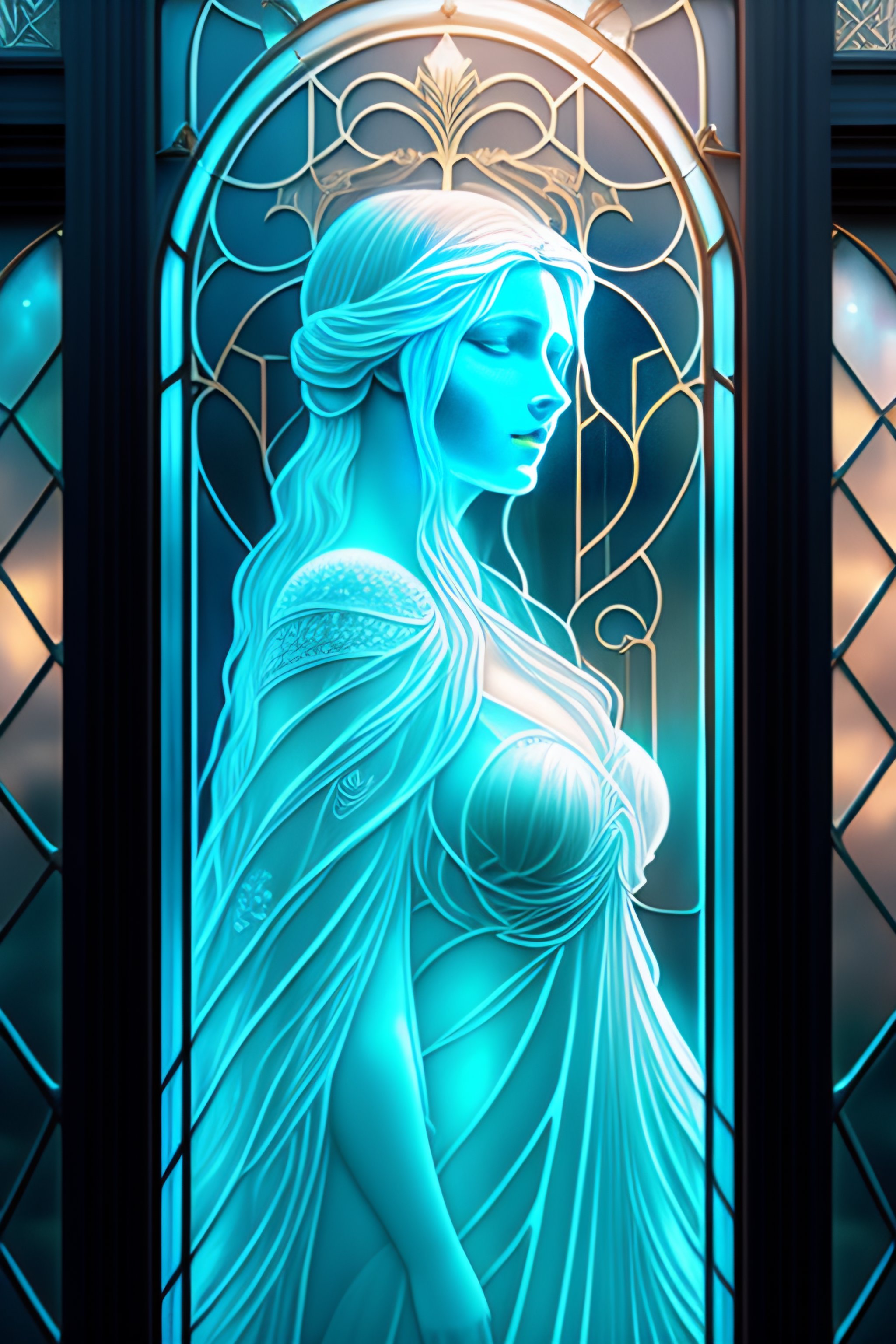 Lexica Etched frosted glass window depicting a woman, by Alphonse