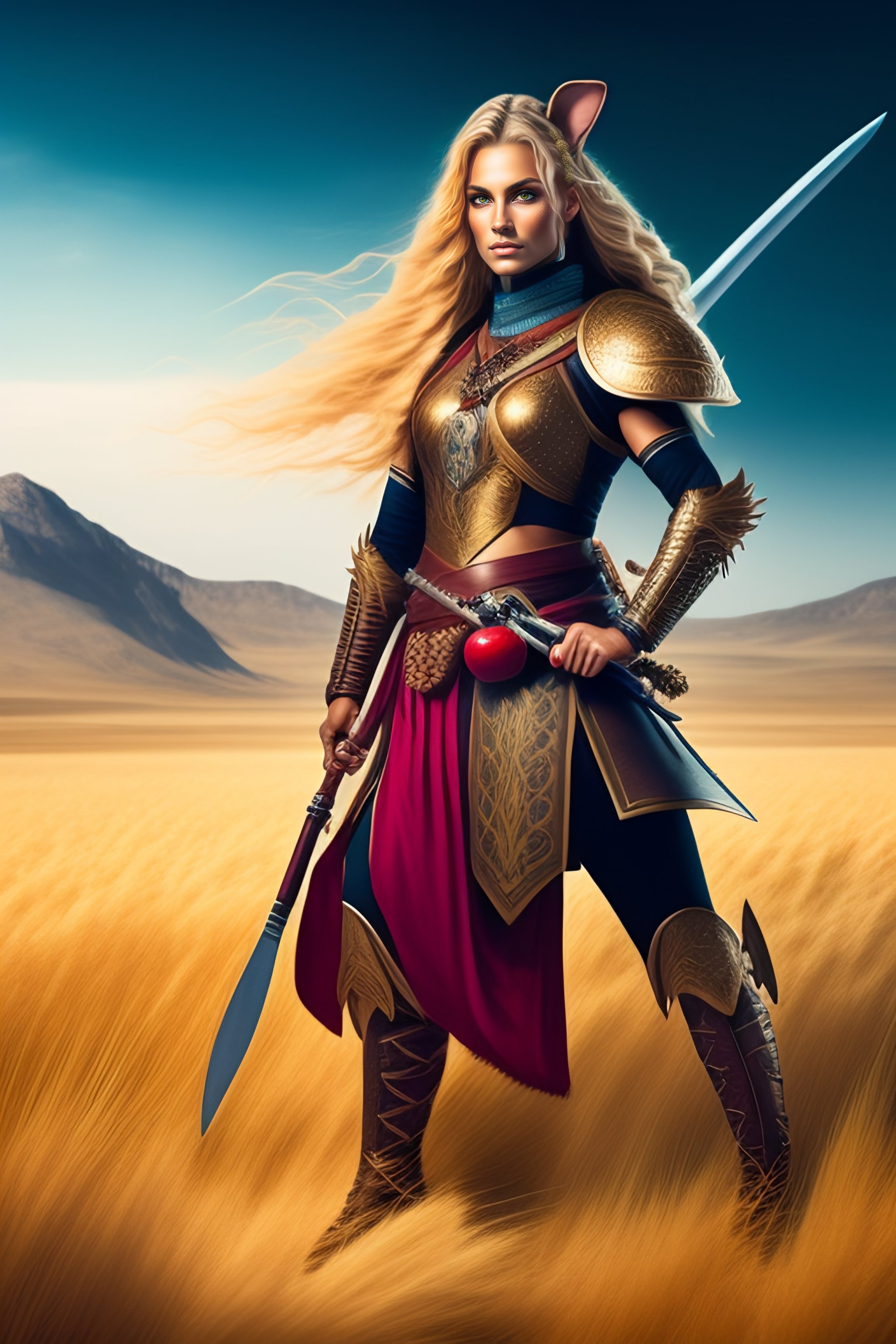 Lexica - A female bunny warrior with wheat blonde hair holding a kukri