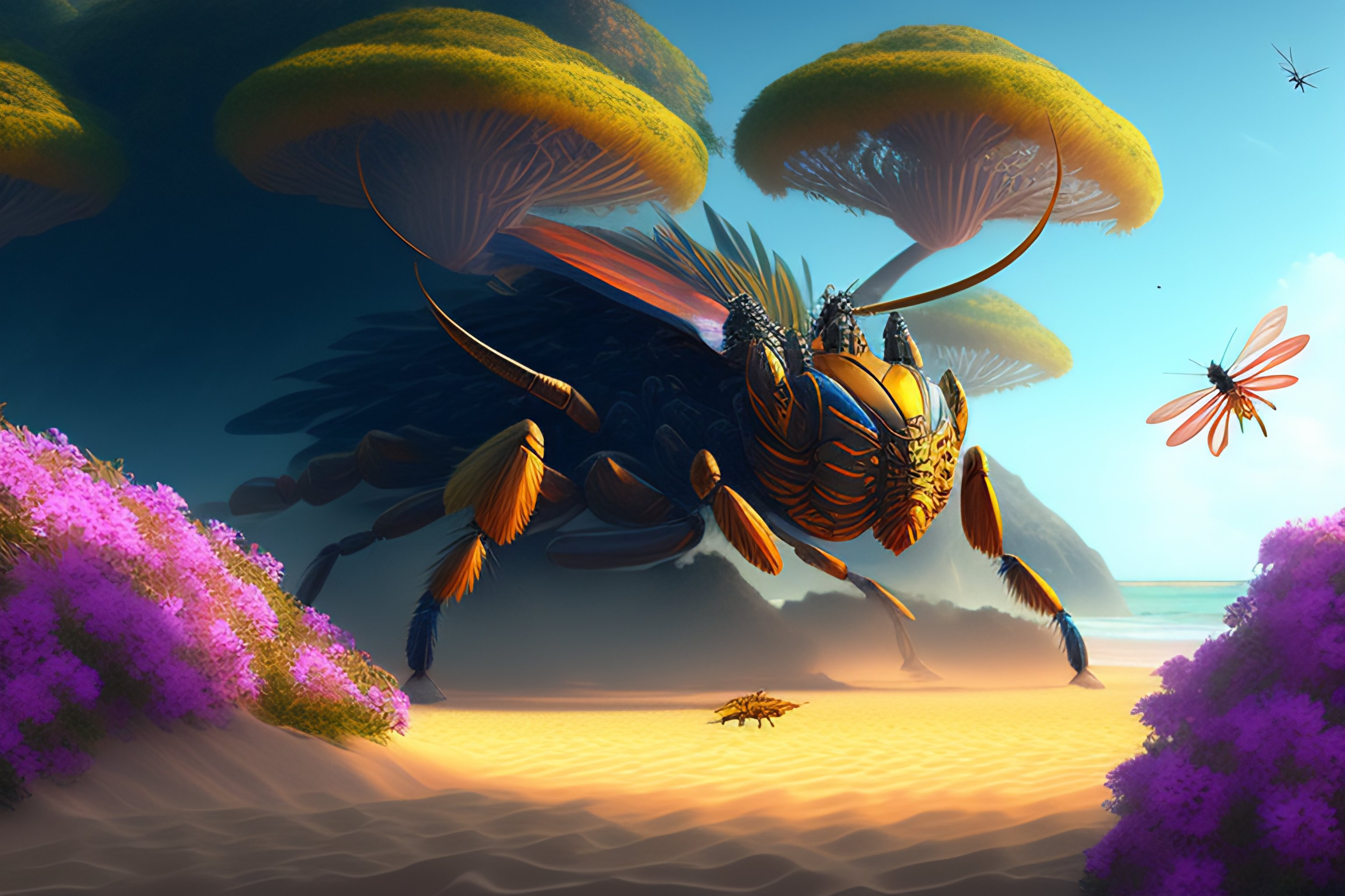 Lexica - Giant insect creature on tropical beach sand, greeneries and ...