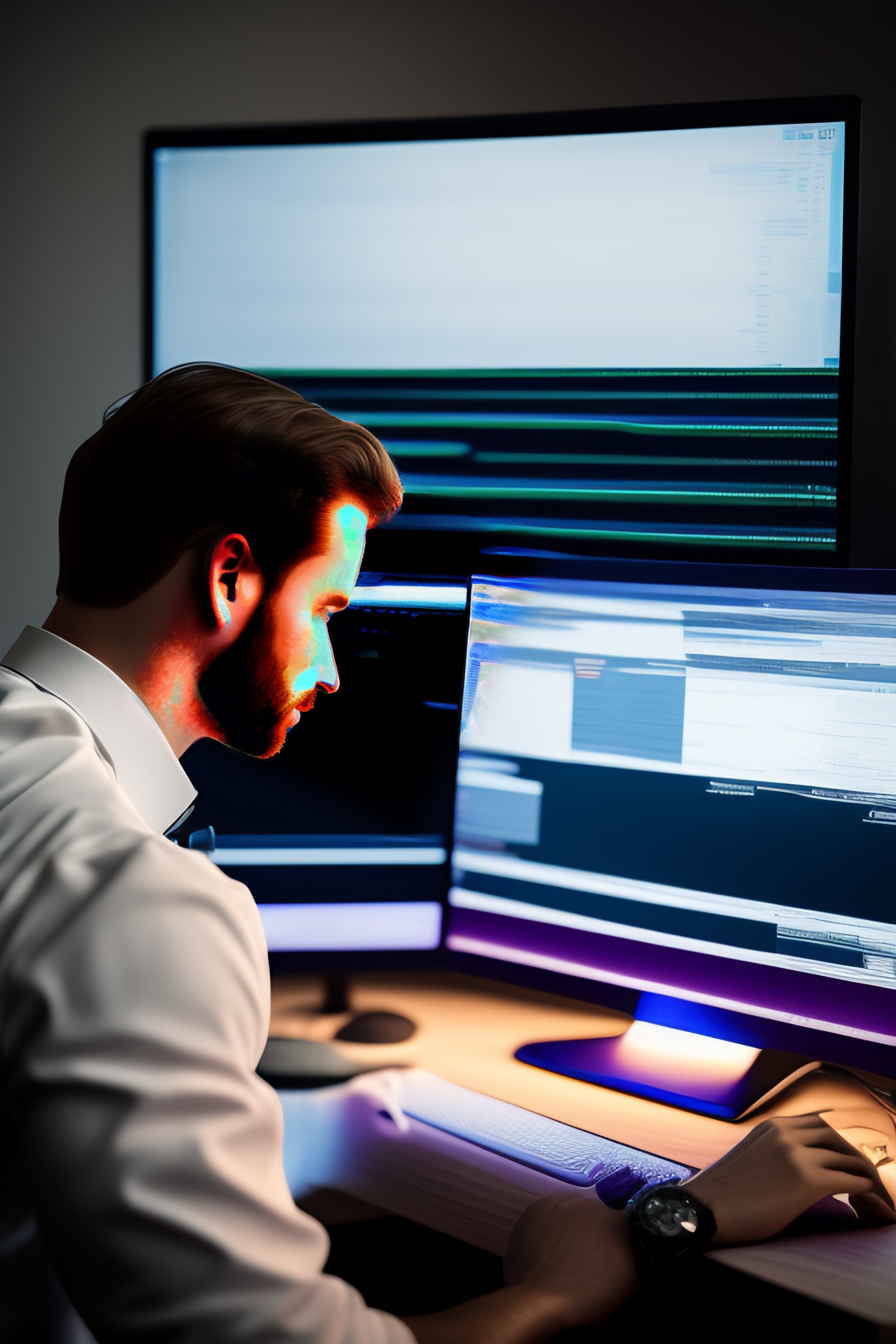 Lexica - Portrait of a male white man with a pc with two monitors and ...