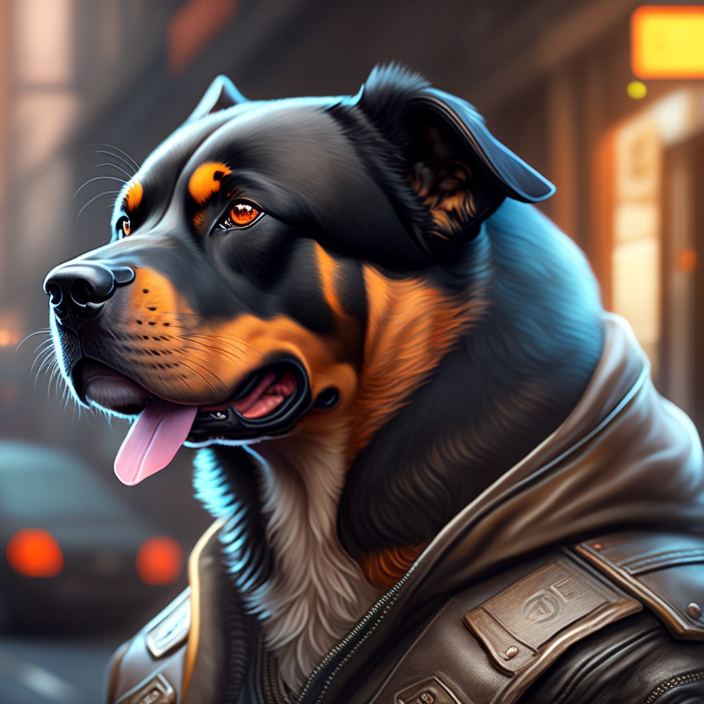 Lexica - Mugshot of a rottweiler wearing black motorcycle jacket